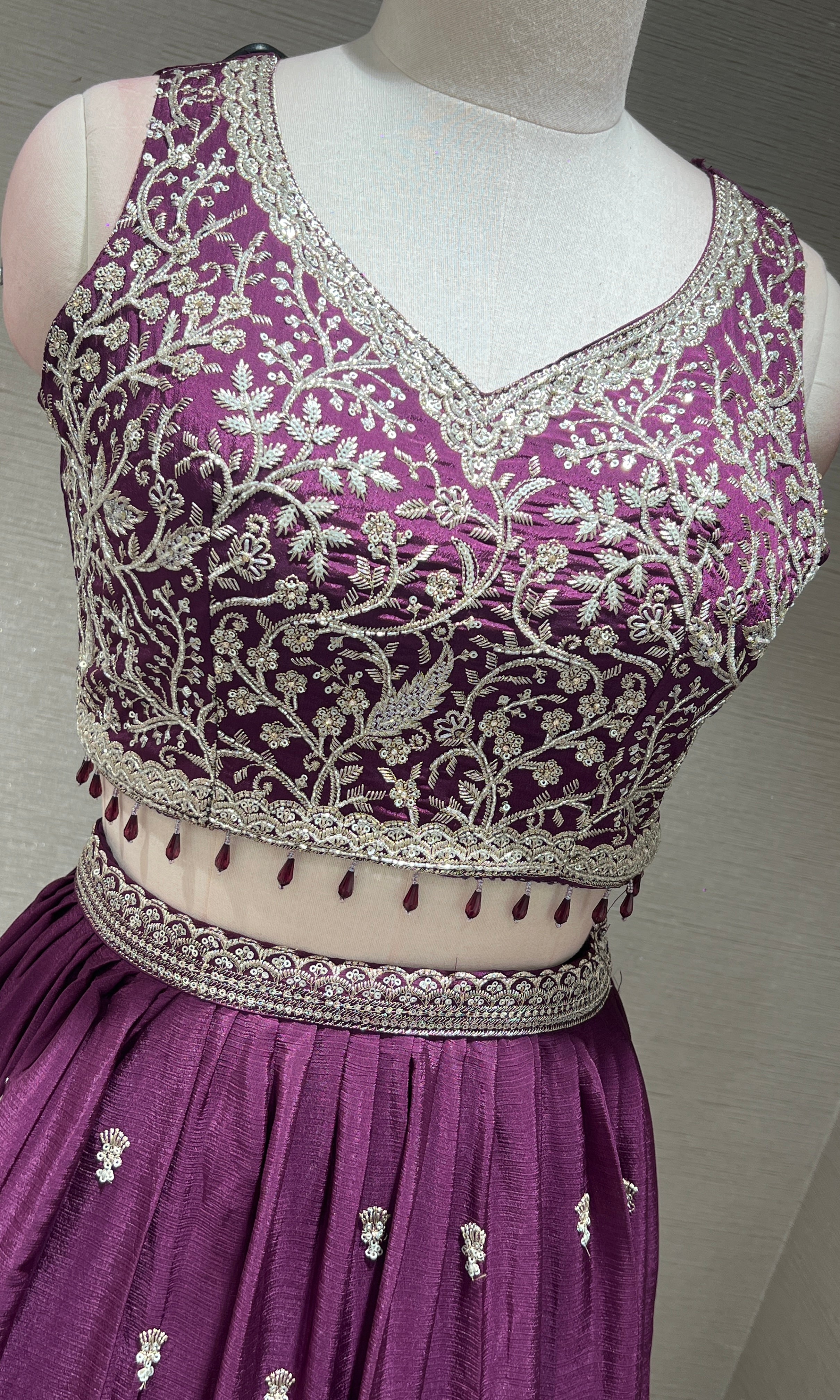 Wine Floral intricate Embroidery Lehenga