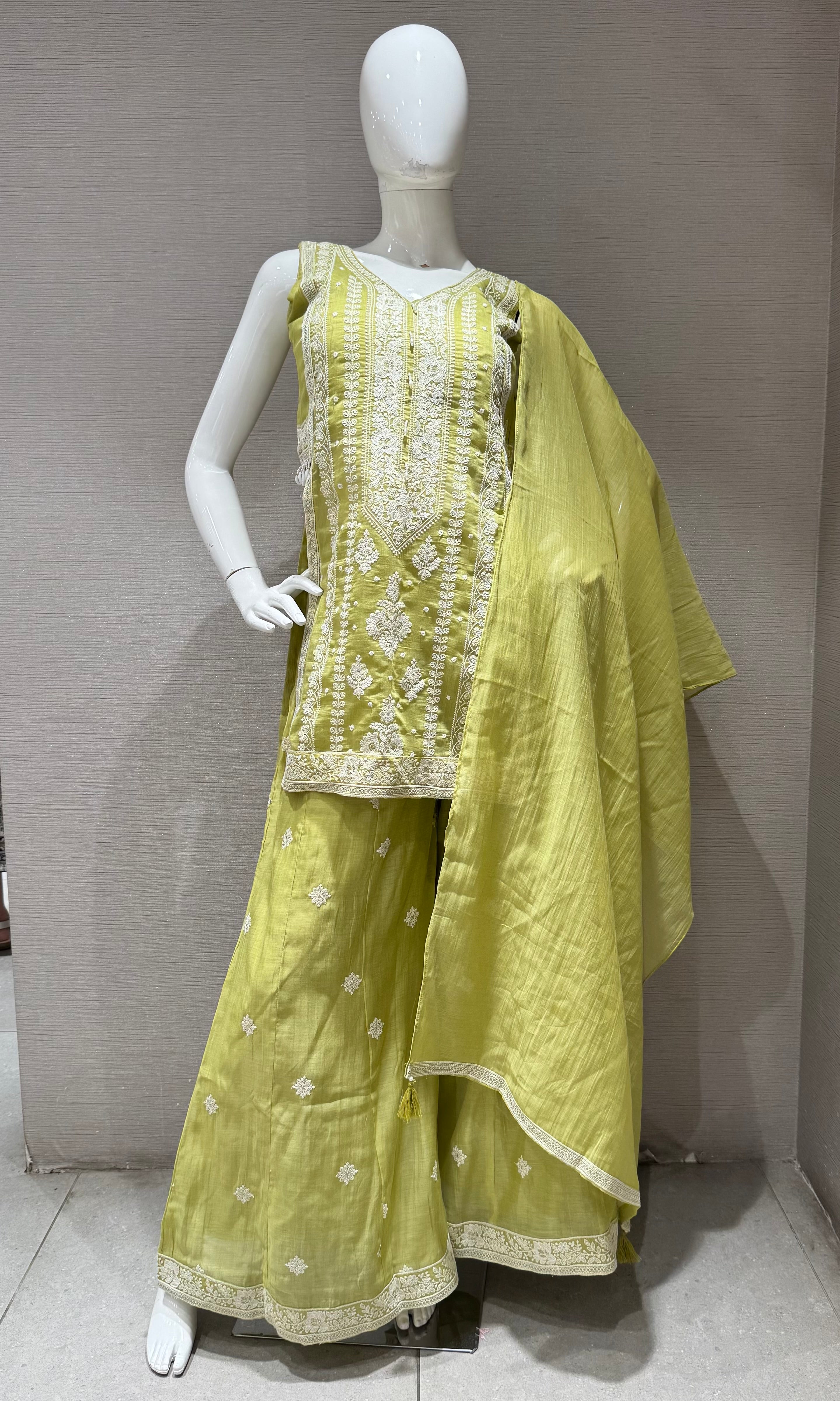 Lime green Embroidered shimmer silk palazzo set
