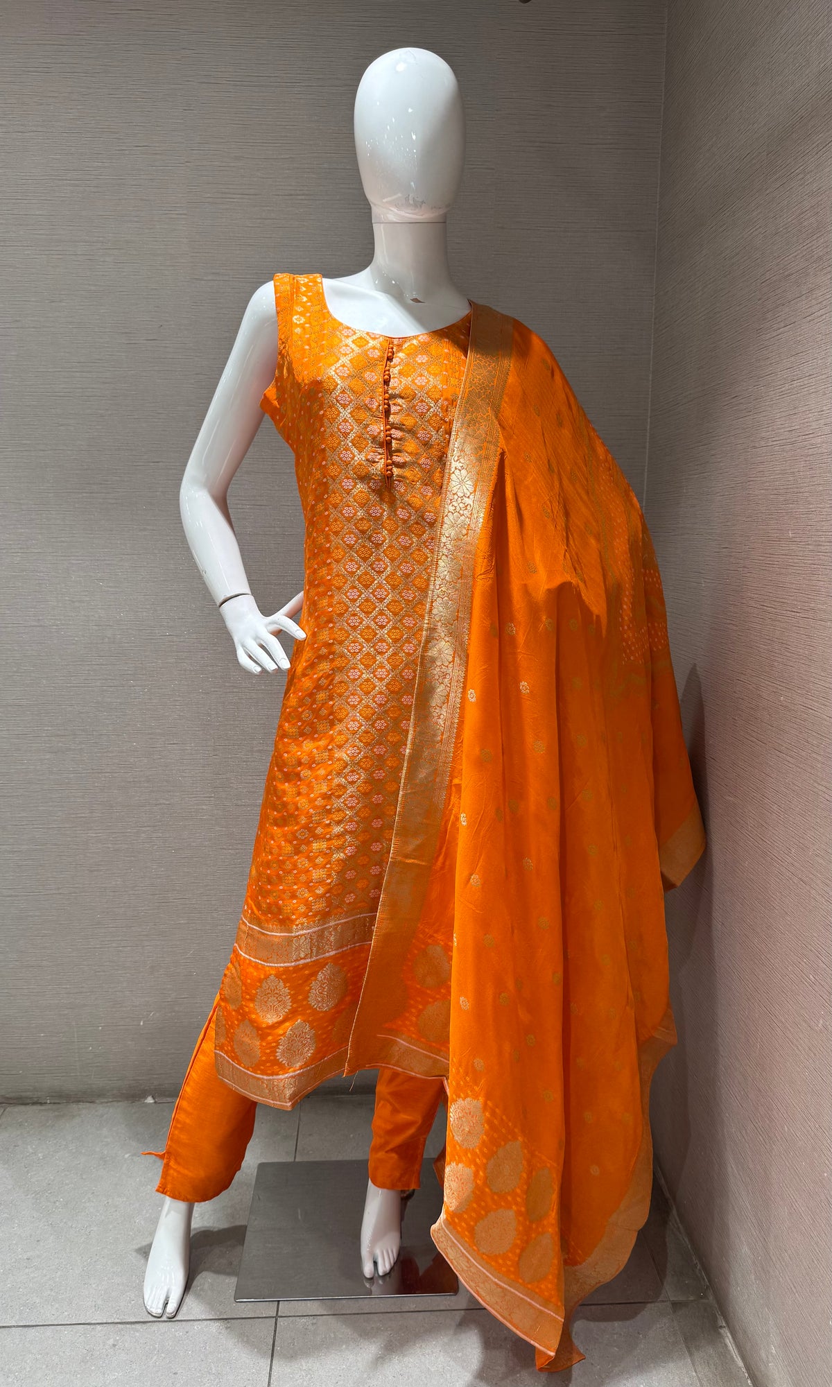 Orange Banarasi Silk Kurta Set with Gold border Dupatta