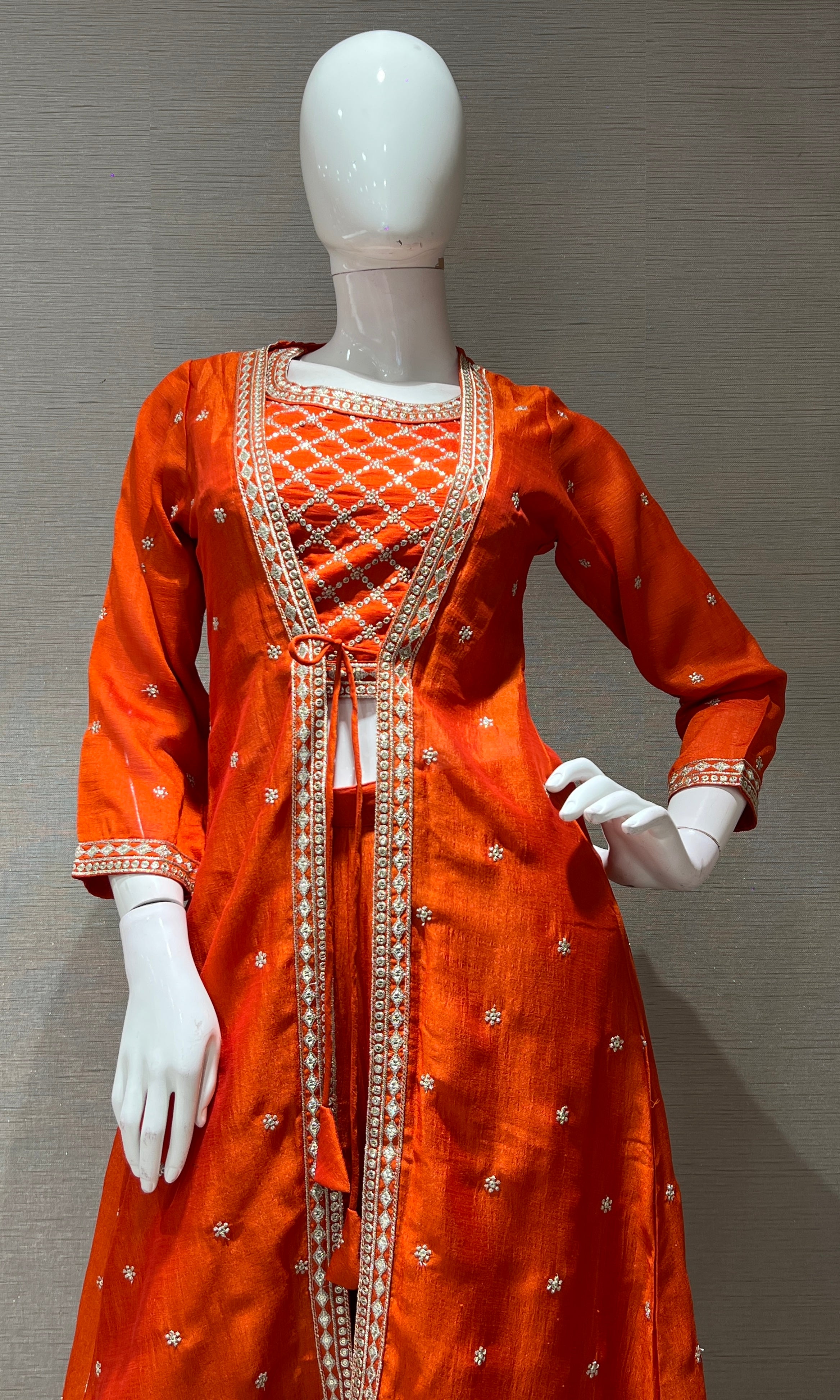 Orange EMBROIDERED JACKET STYLE PALAZOO SET