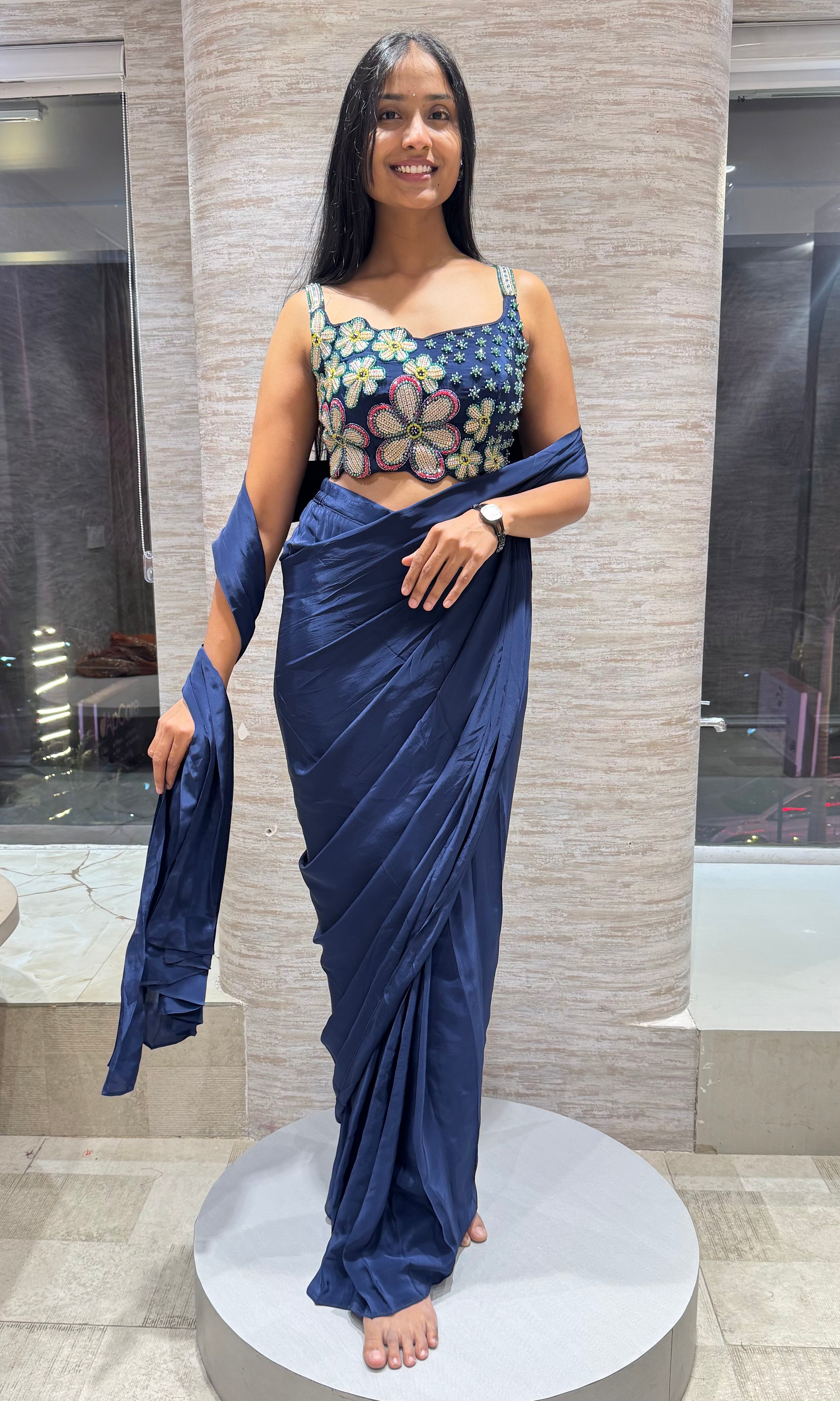 Navy Blue Drape Saree with floral blouse