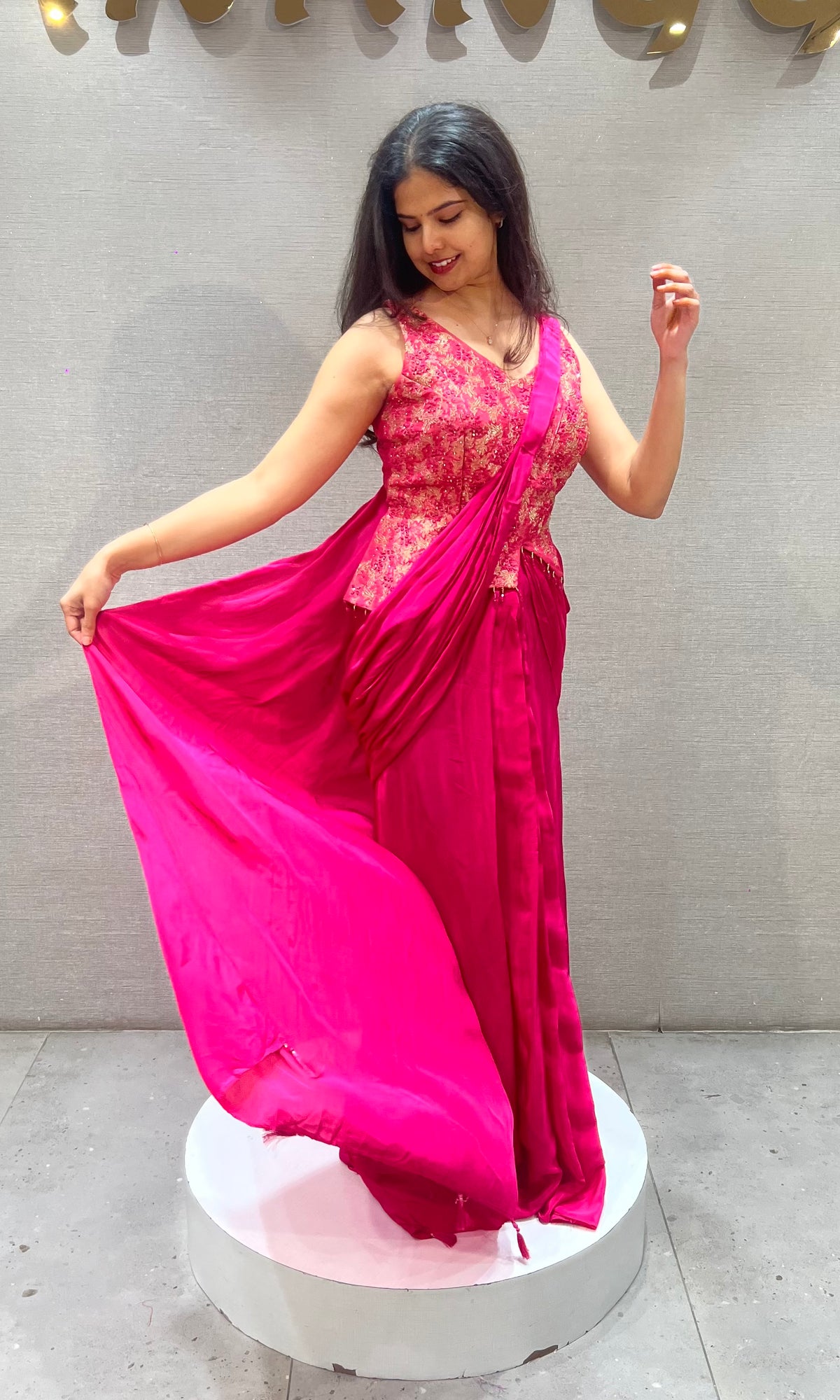 Fushion Pink Satin Dothi style skirt with Floral Blouse