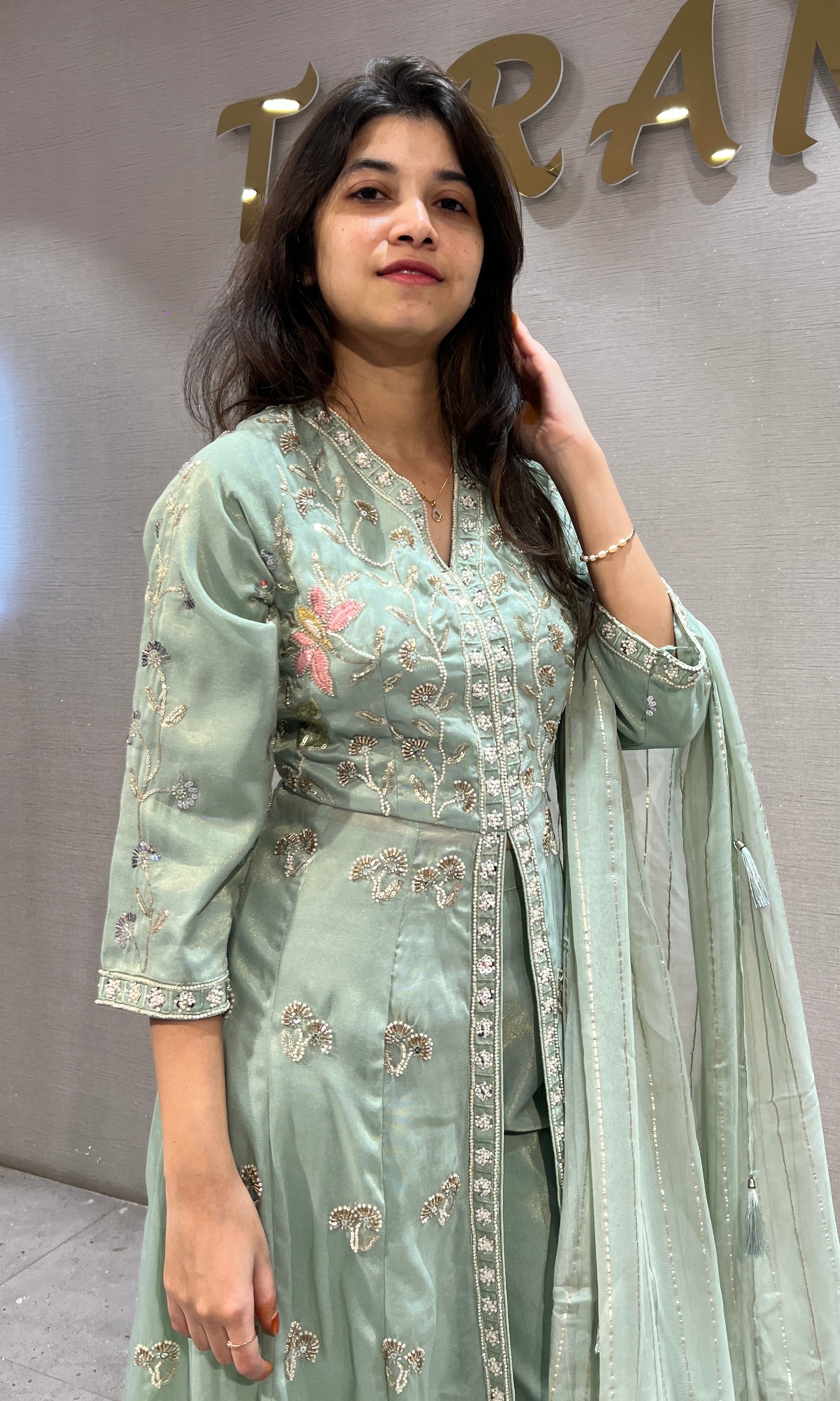 Sea Green Ethnic Anarkali front slit with Palazzo pants