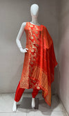 Orange Banarasi Silk Golden Floral Zari kurta set
