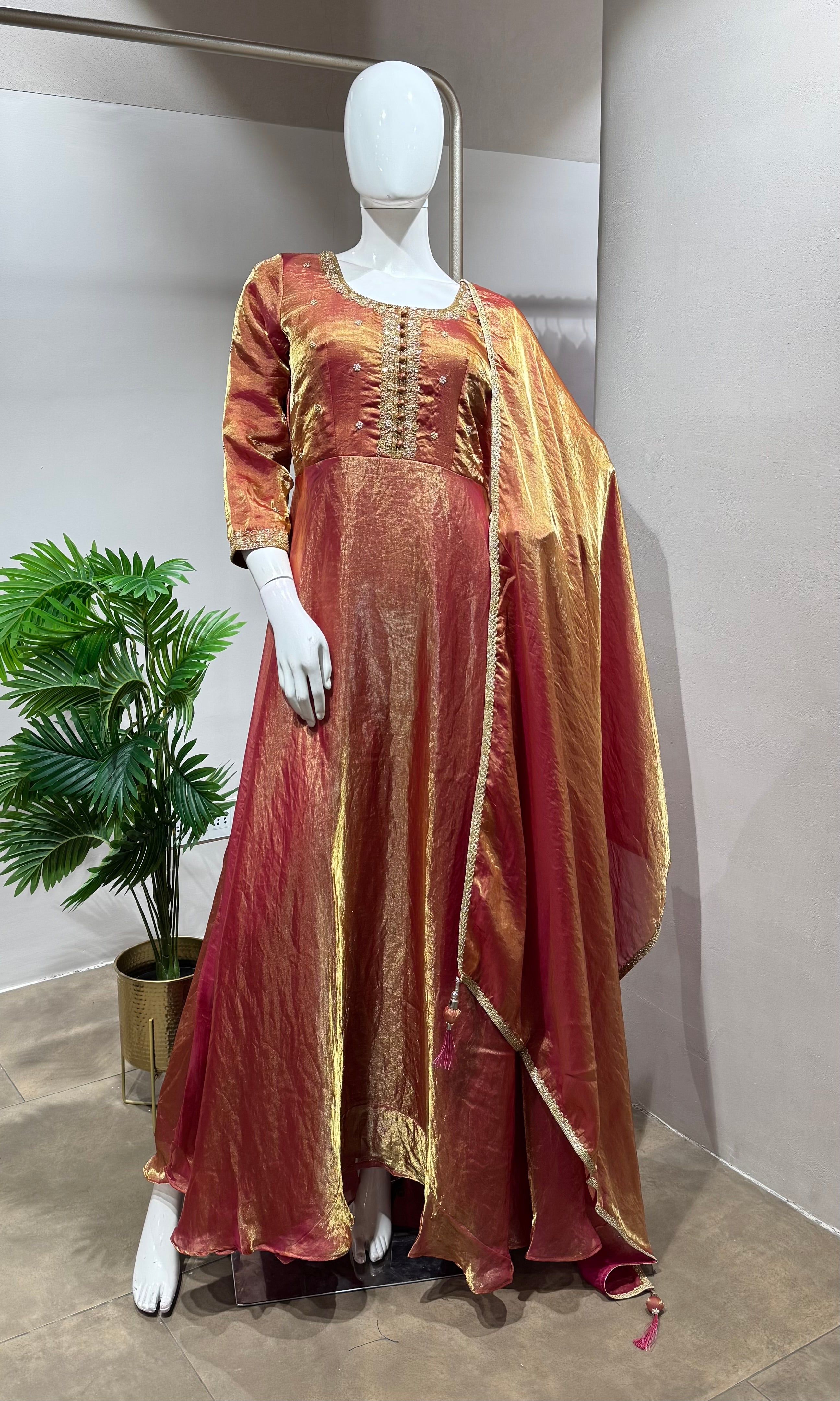 Shimmering RUST-Gold Silk Tissue Anarkali Set