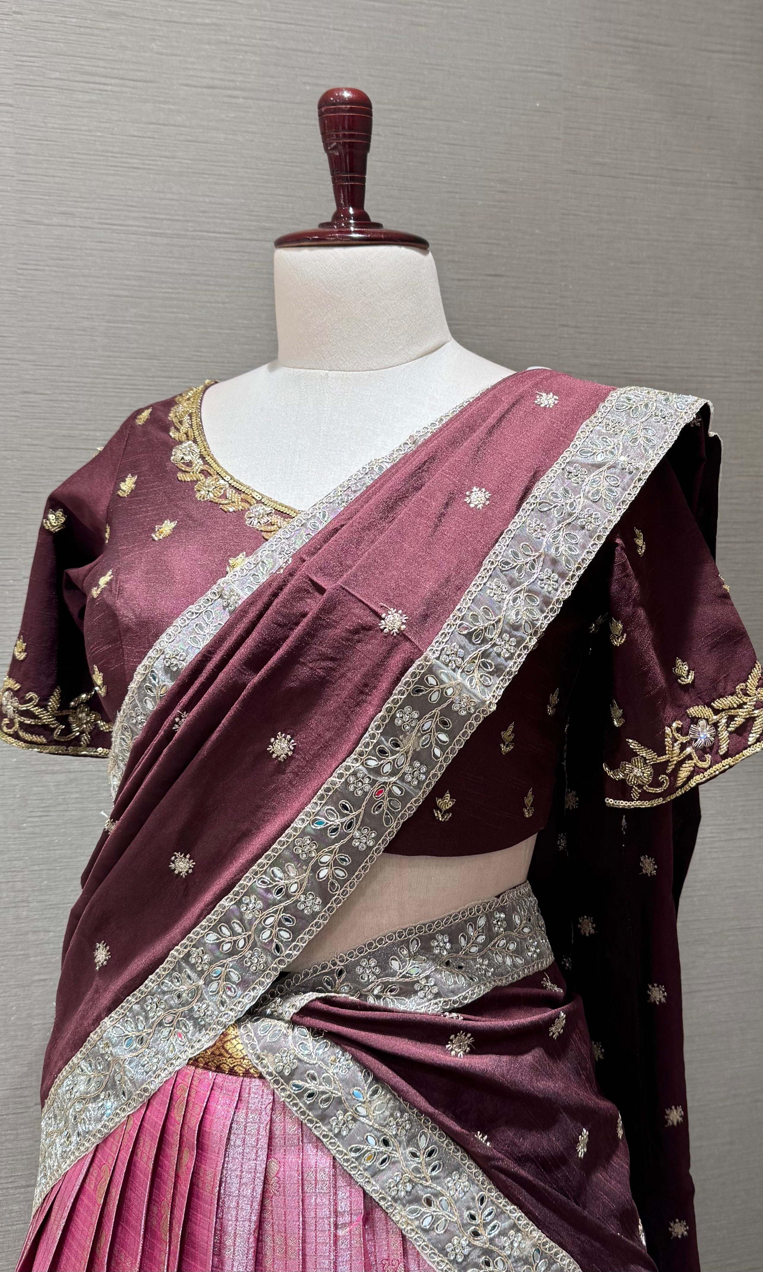 Brown And pink banarasi pattu lehenga with embroidered blouse