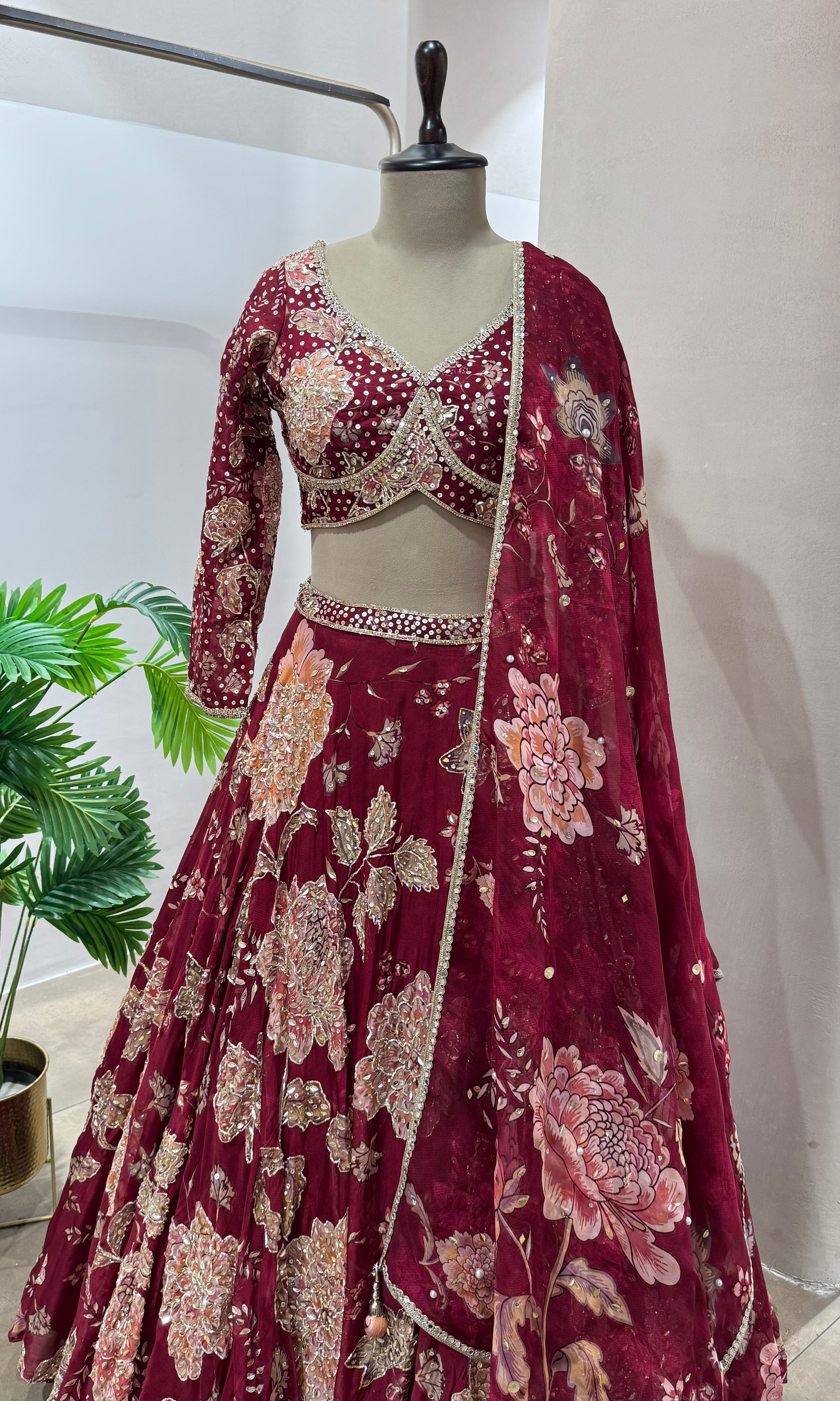 Maroon FLORAL EMBELLISHED lehenga