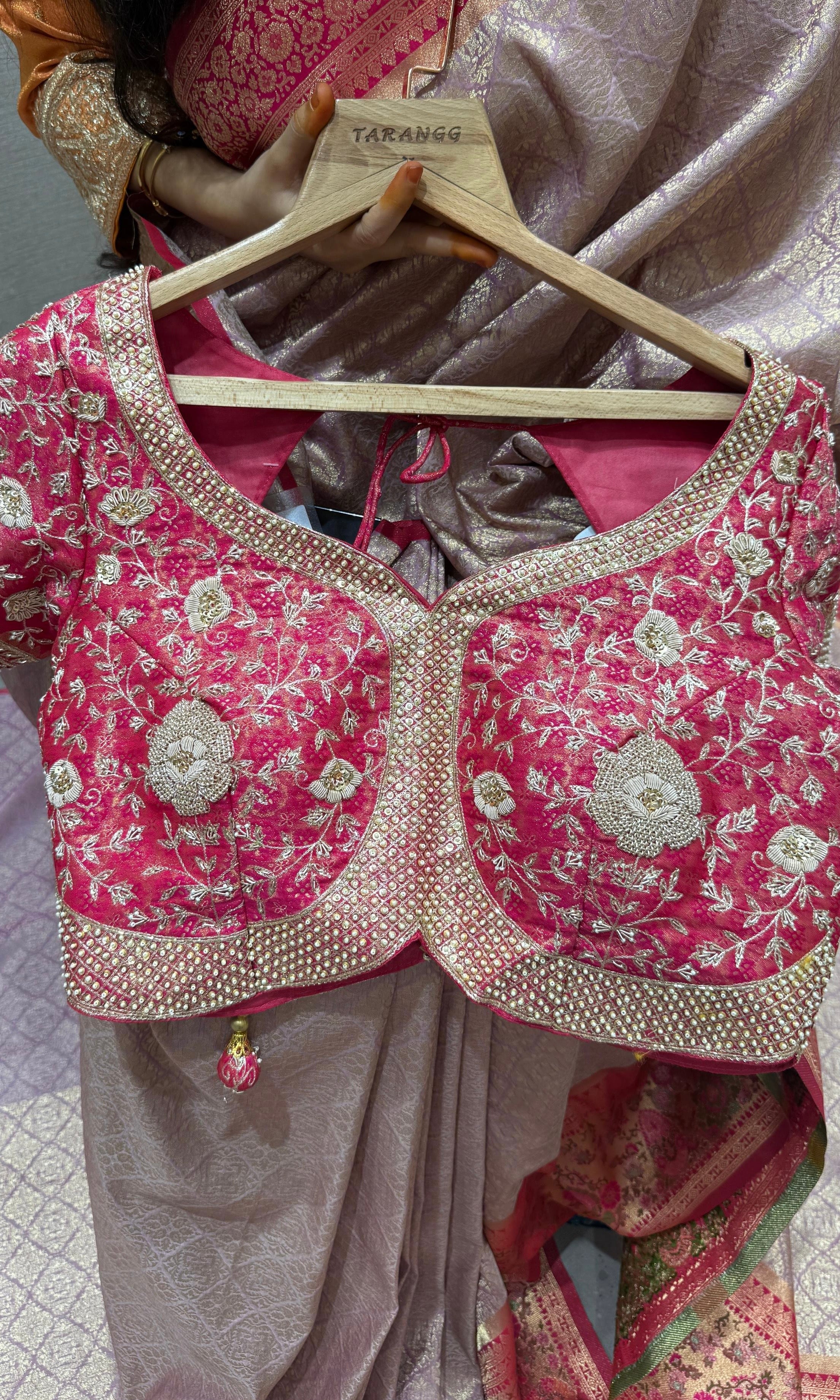 Pink saree with ready blouse