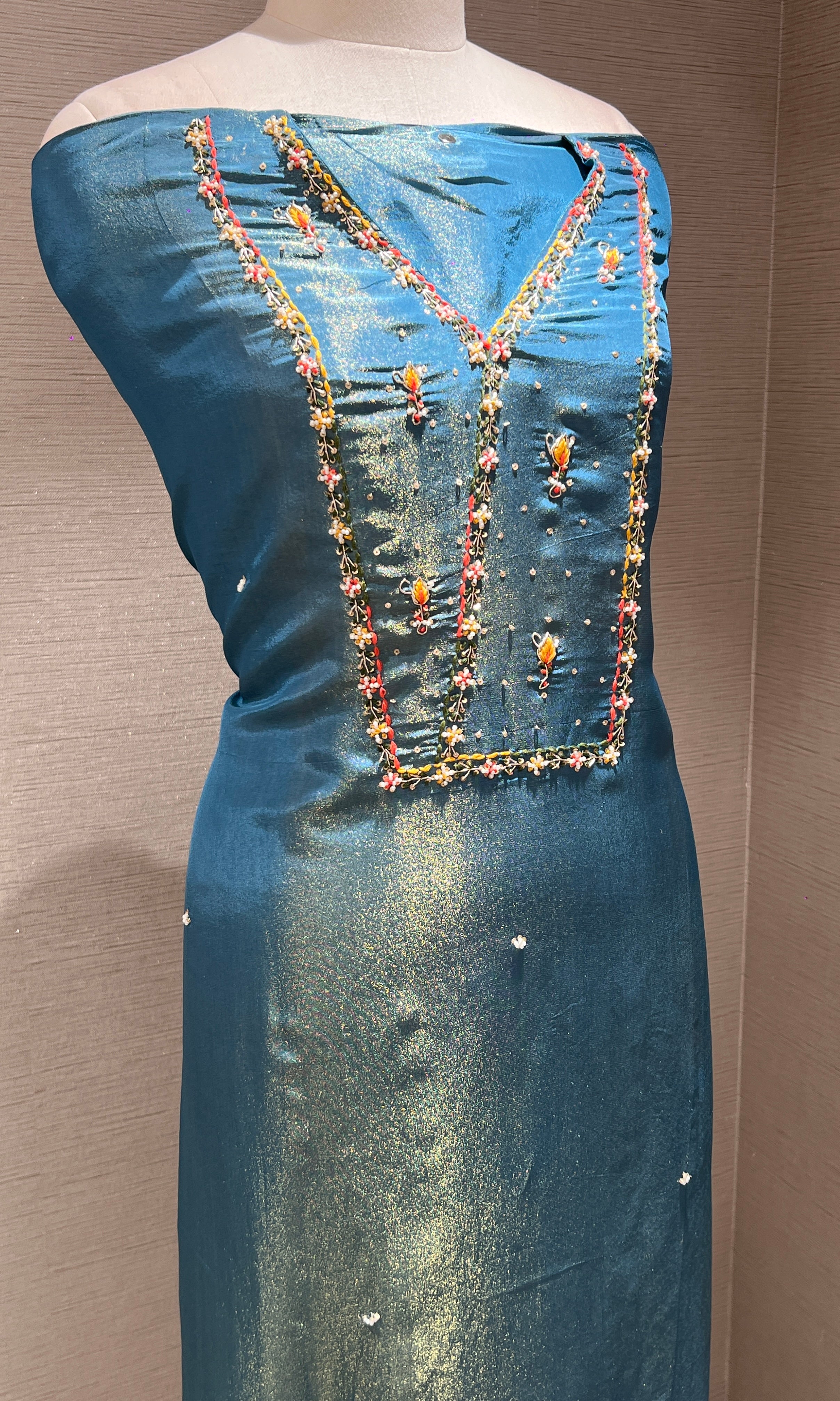 Teal Blossom Embroidered Dress Material