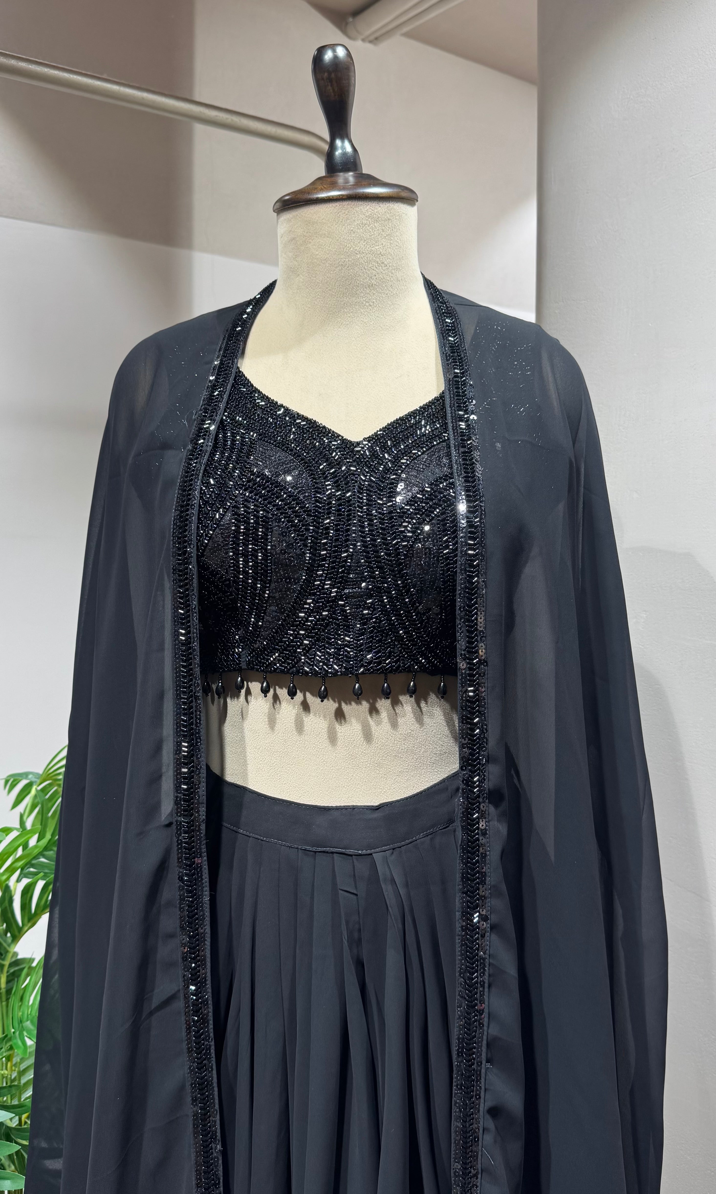 Black Embroidered Georgette Draped Skirt
