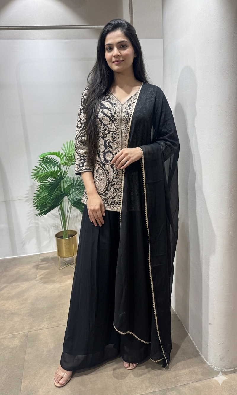 black golden embroidered sharara set