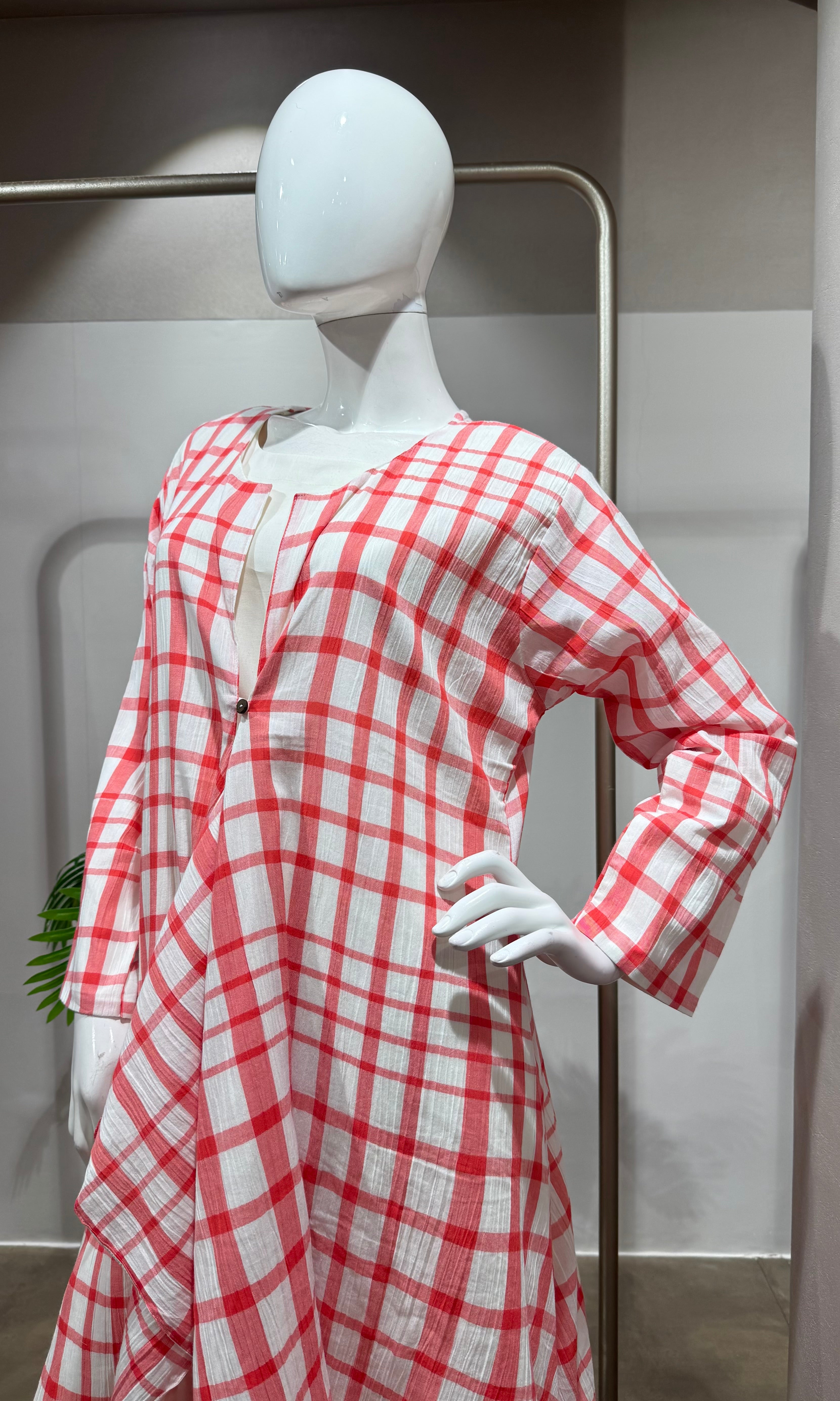 open lace back dress CRE RED AND WHITE Cotton Check DRESS