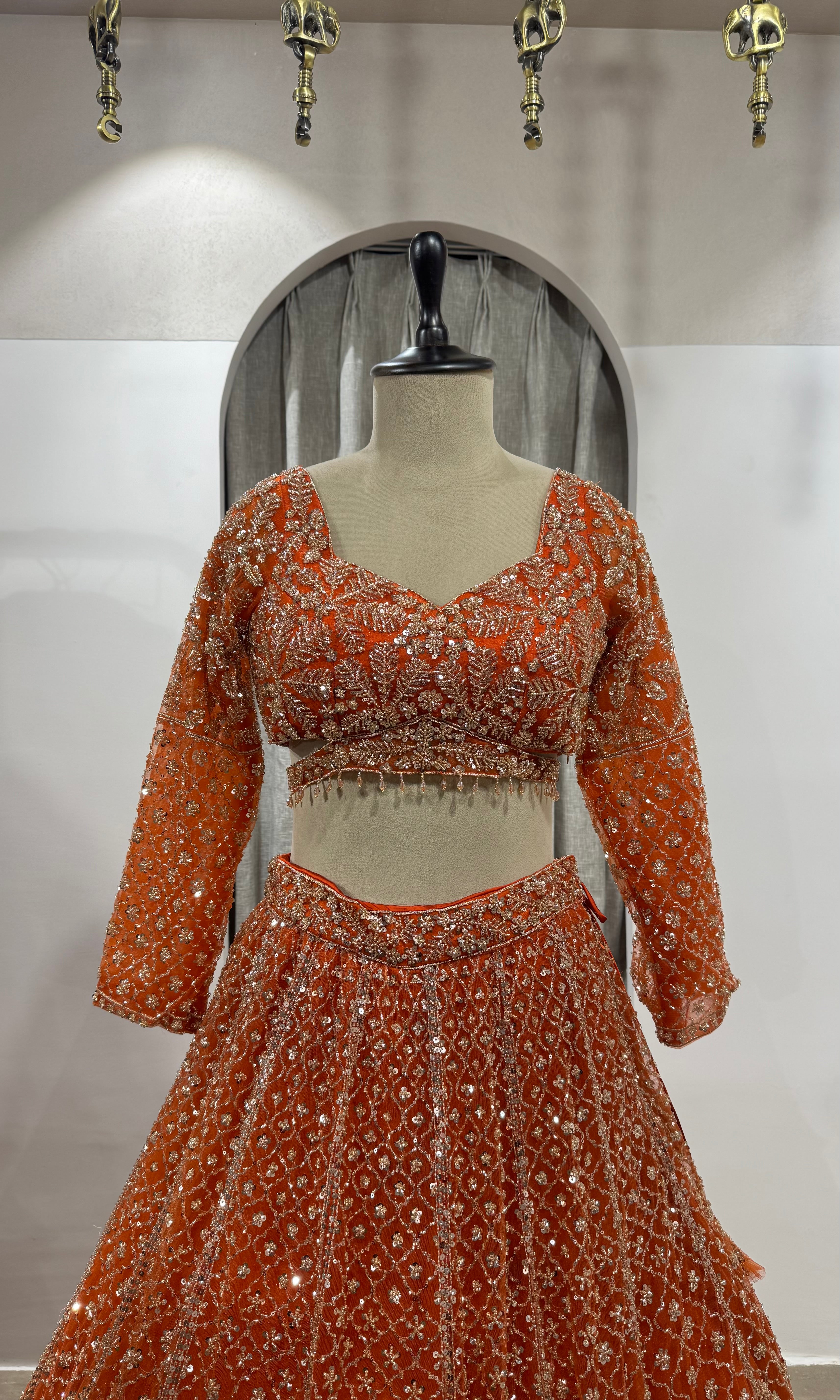 Rust Orange Embroidered Lehenga