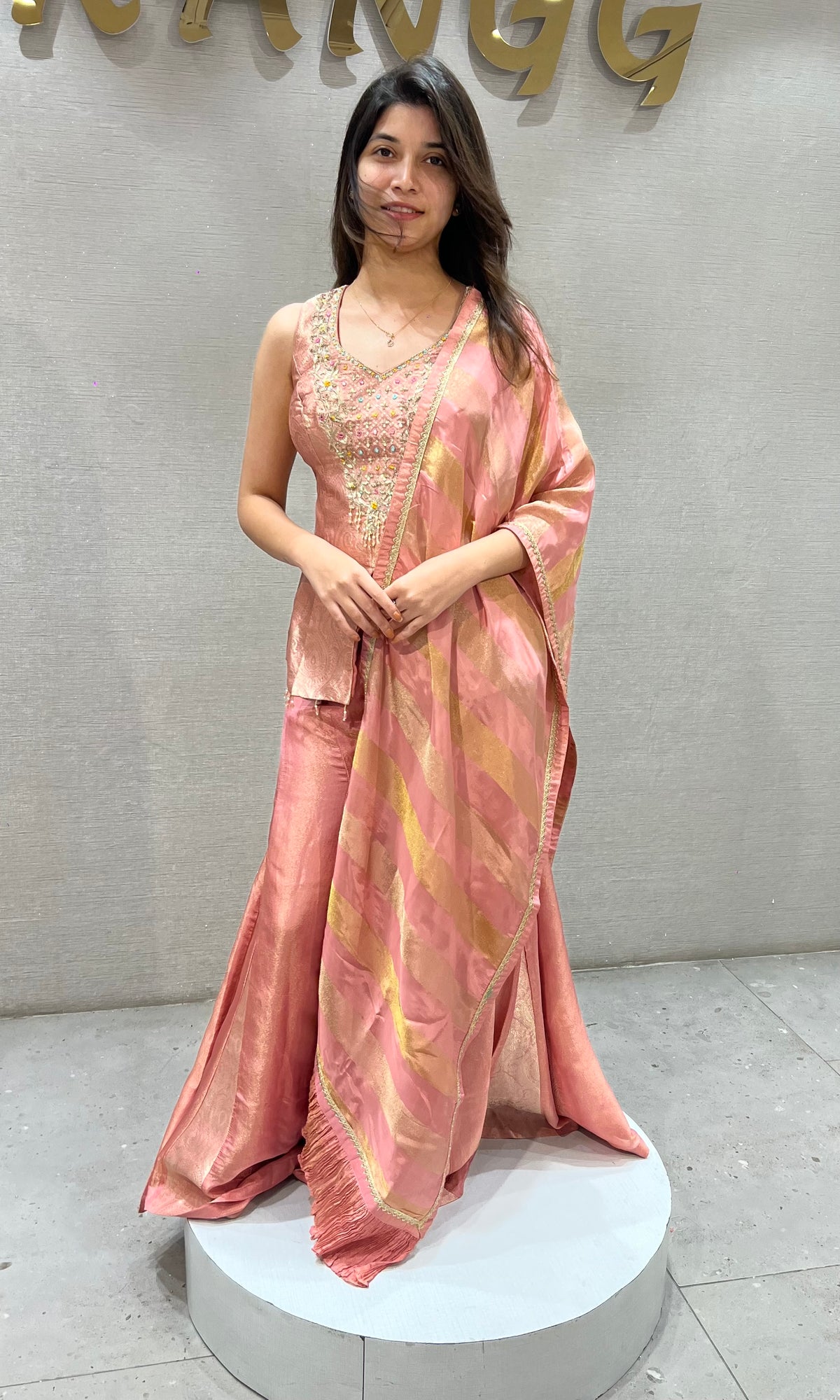 Onion pink Shimmer Tissue Peplum palazzo set with dupatta