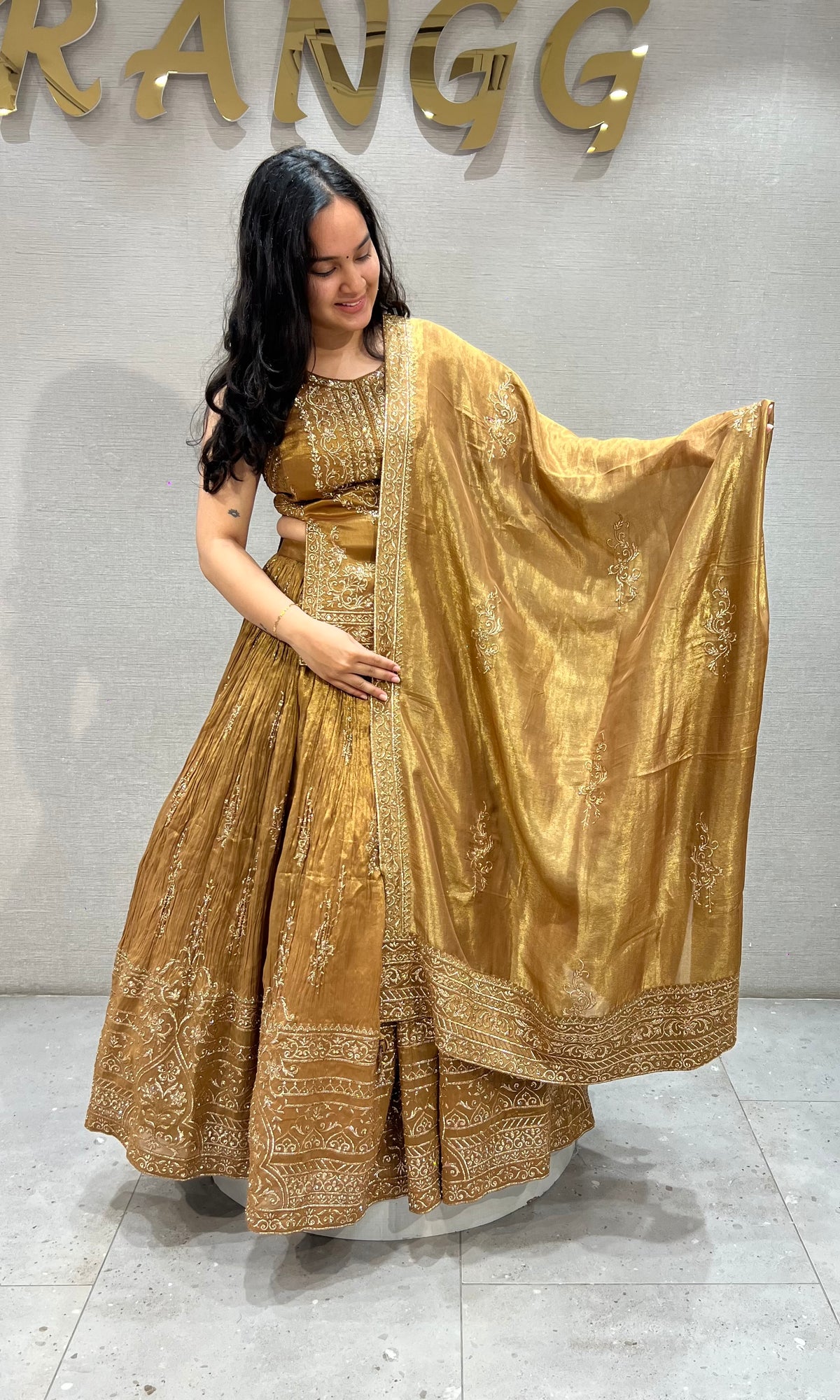 Brown Golden Tissue silk Lehenga Set