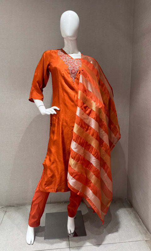 RUST Mul Chanderi Kurta Set with Striped Dupatta