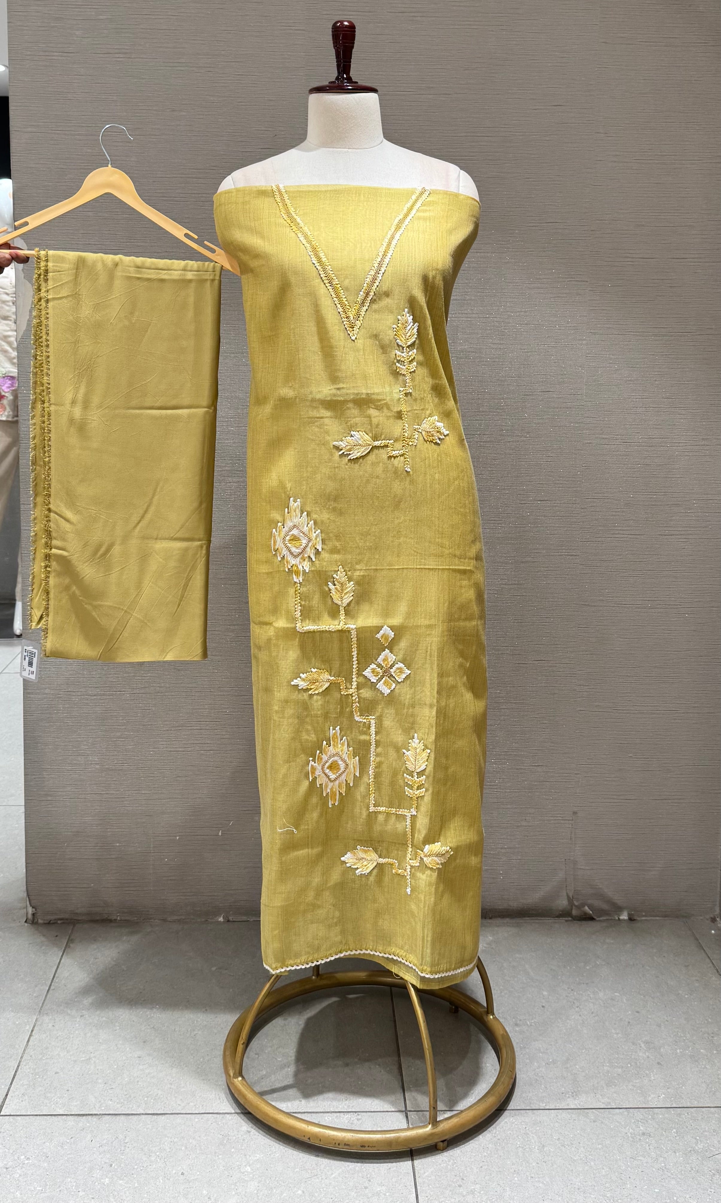 Olive green Dress Material with Geometric Embroidery