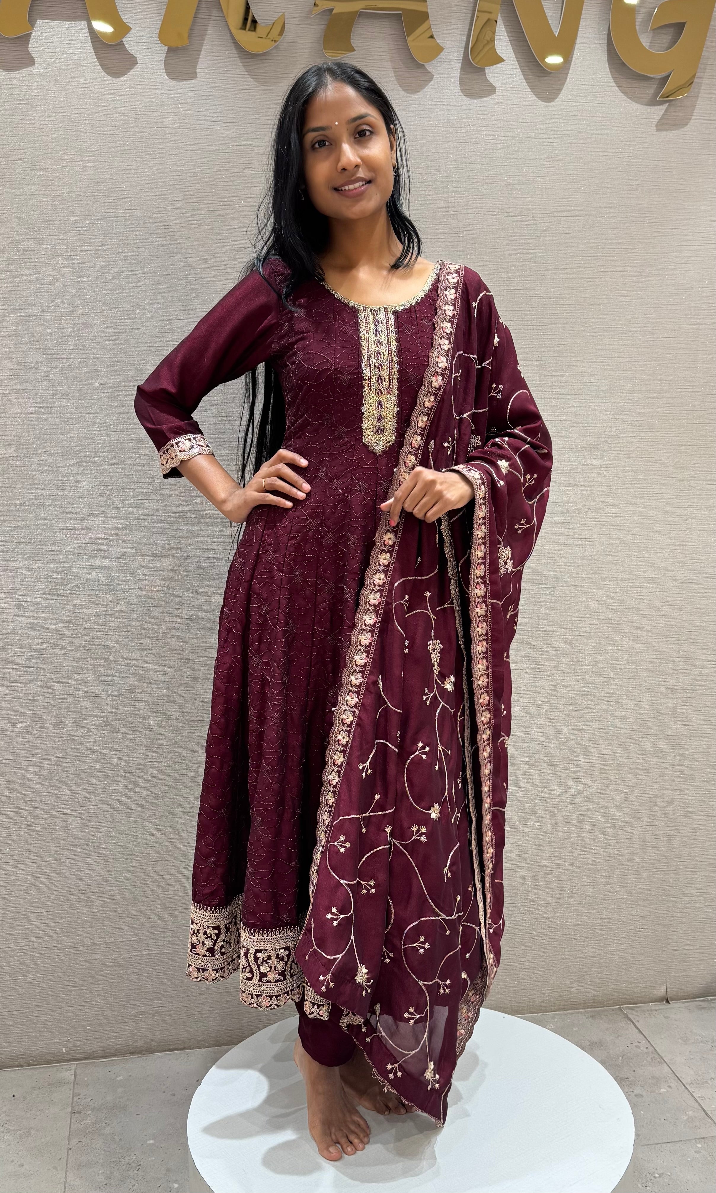 Wine intricate gold embroidery anarkali set