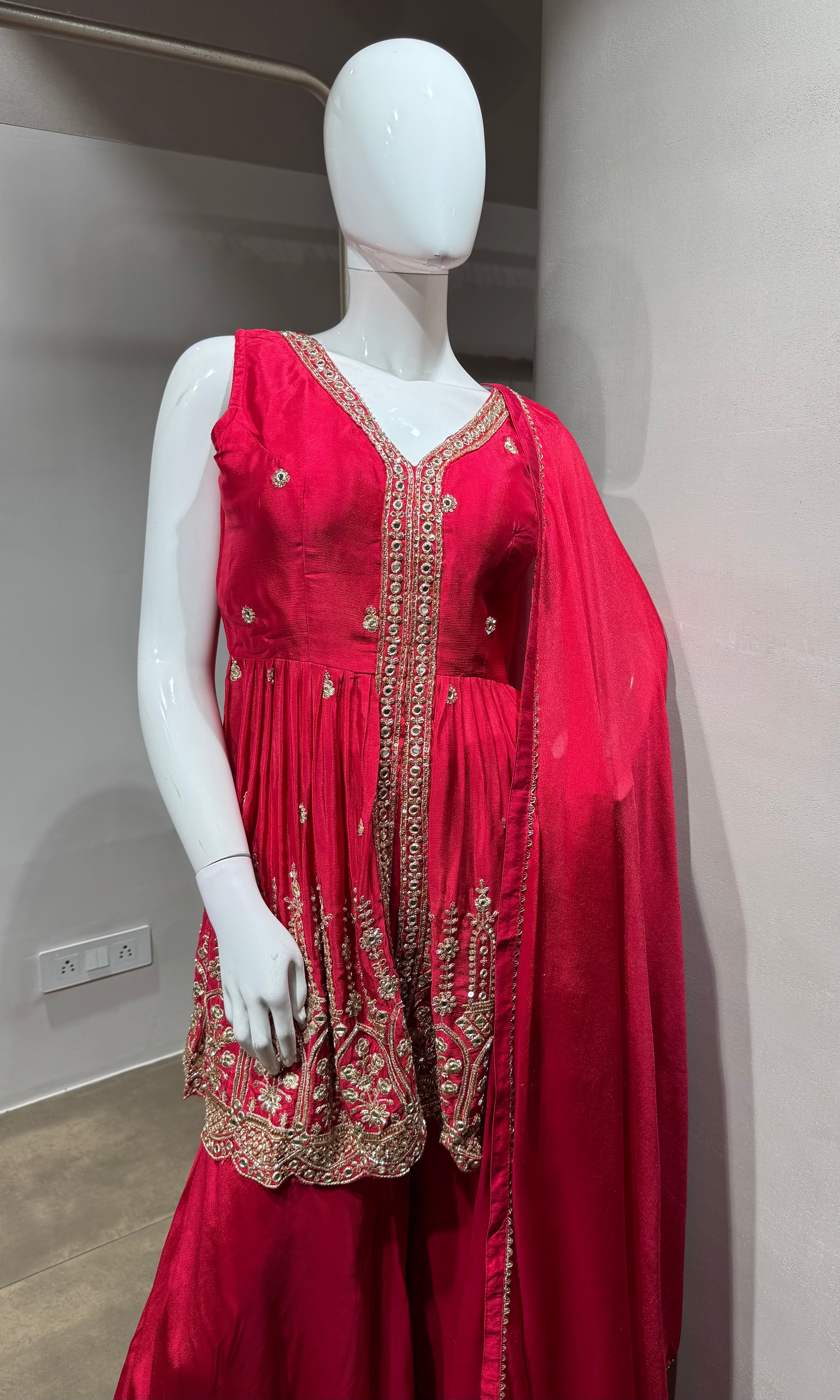 RED Silk Embroidered Palazzo Set with Dupatta
