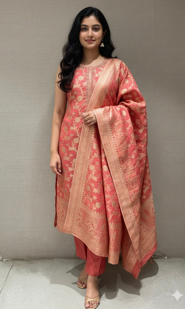 Peach golden embroidered kurta set
