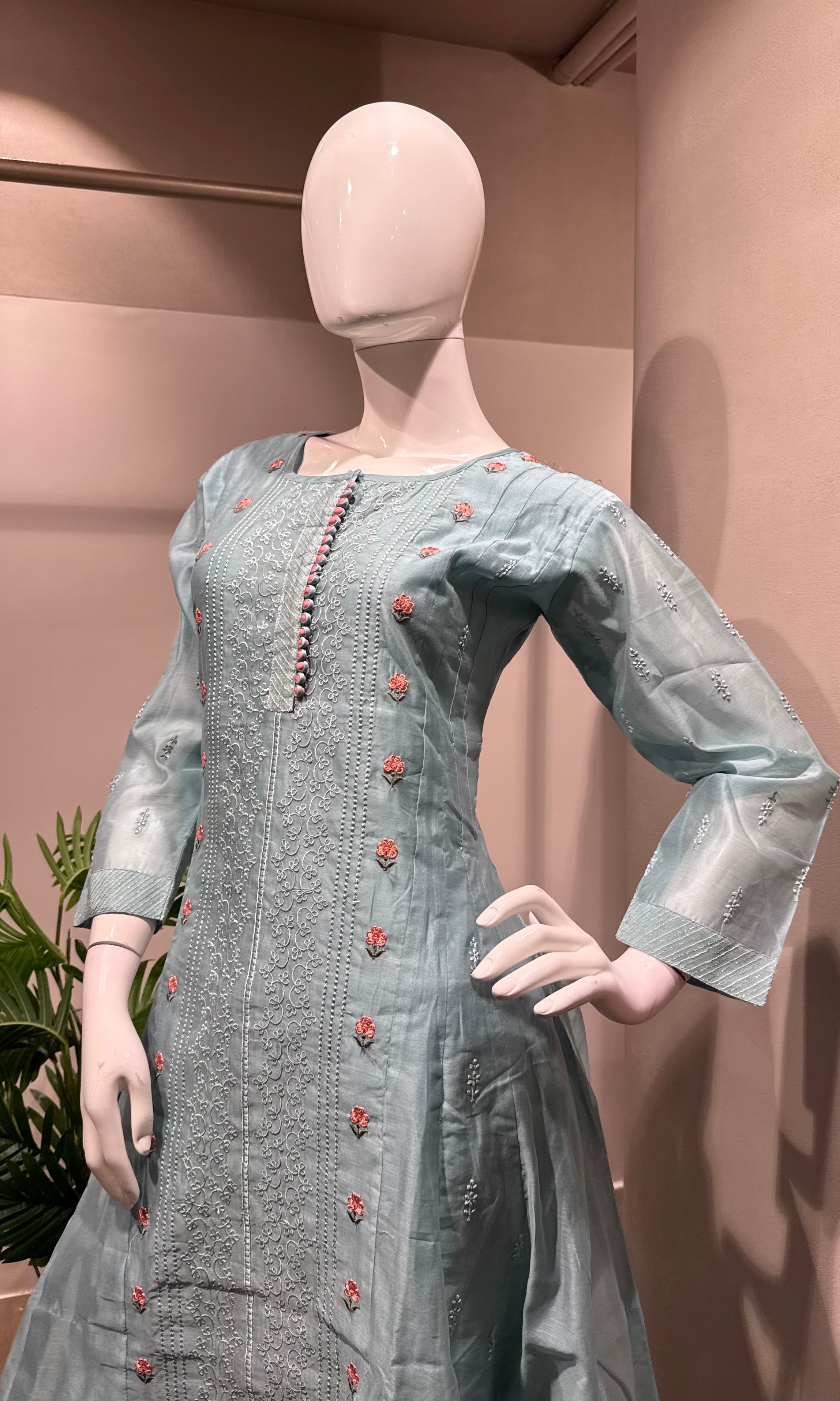 BLUE Floral Cotton Kurta set with dupatta