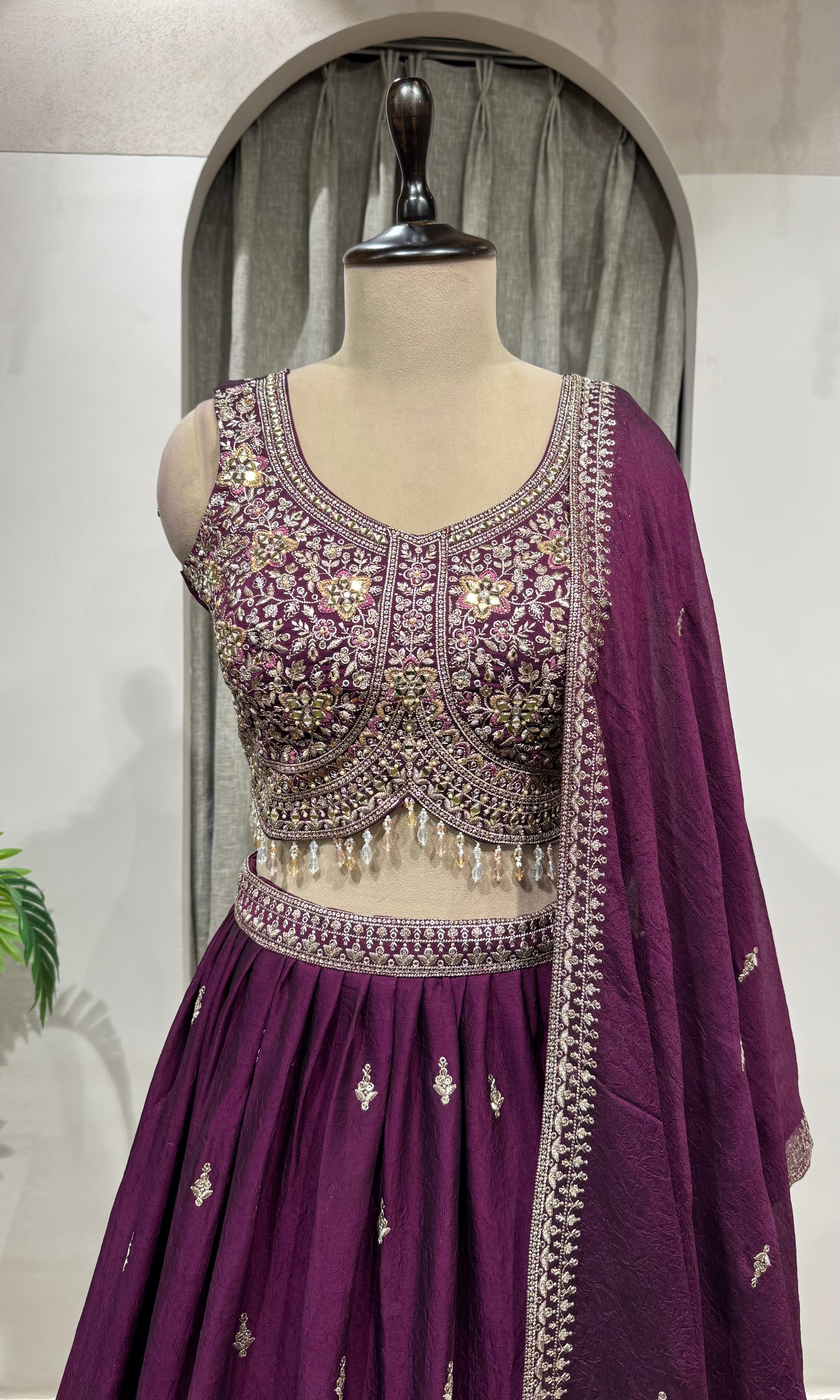 Wine Faux Silk Embroidered Sequins Lehenga Choli