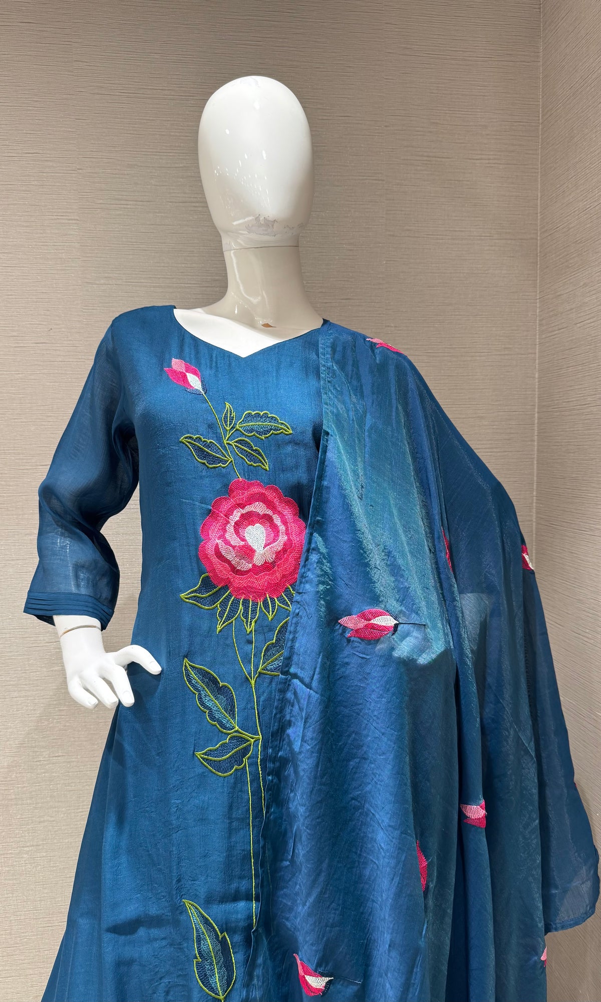 Navy blue cotton rose floral embroidery kurta set with dupatta