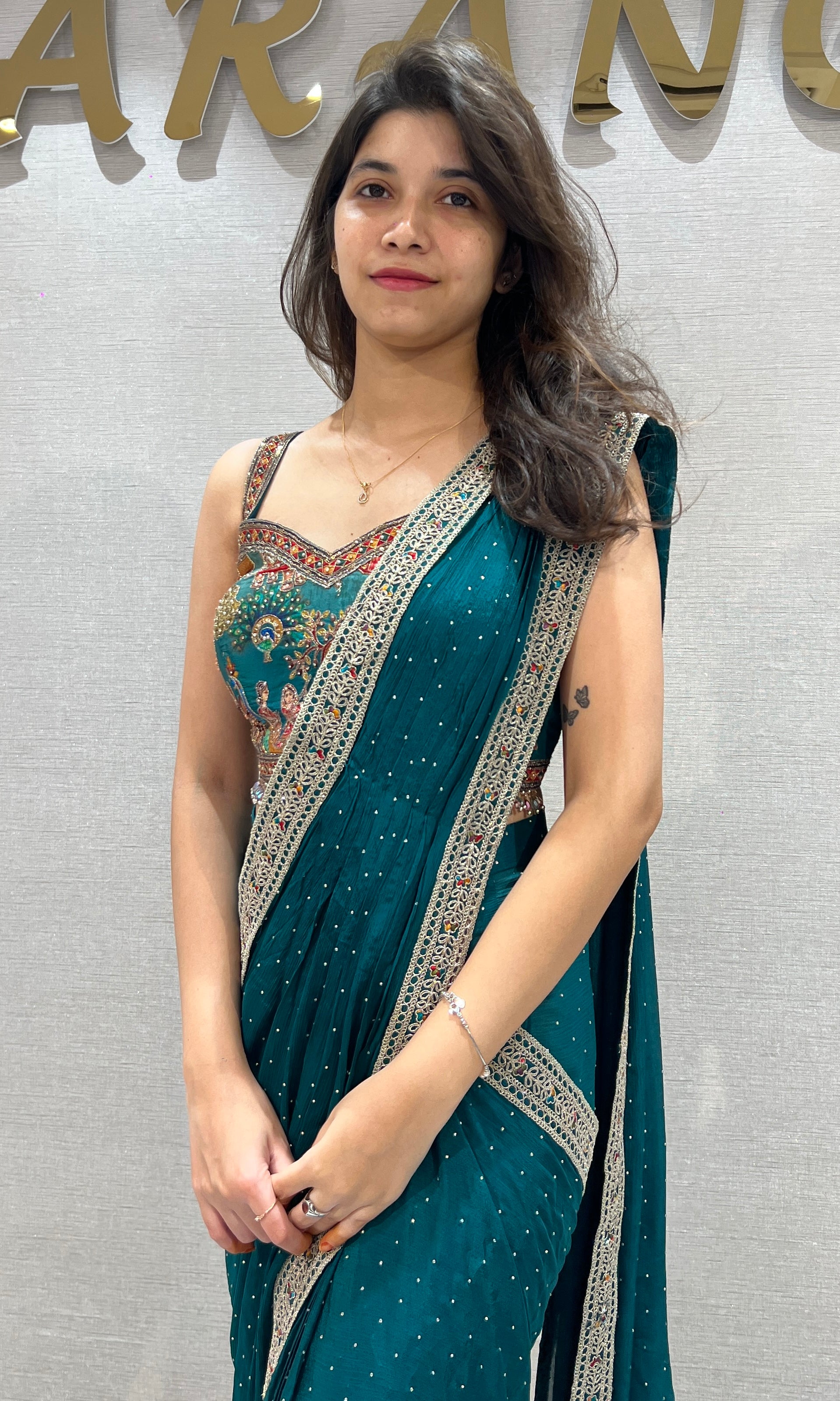 Rama green drape Saree with Intricate Floral Blouse