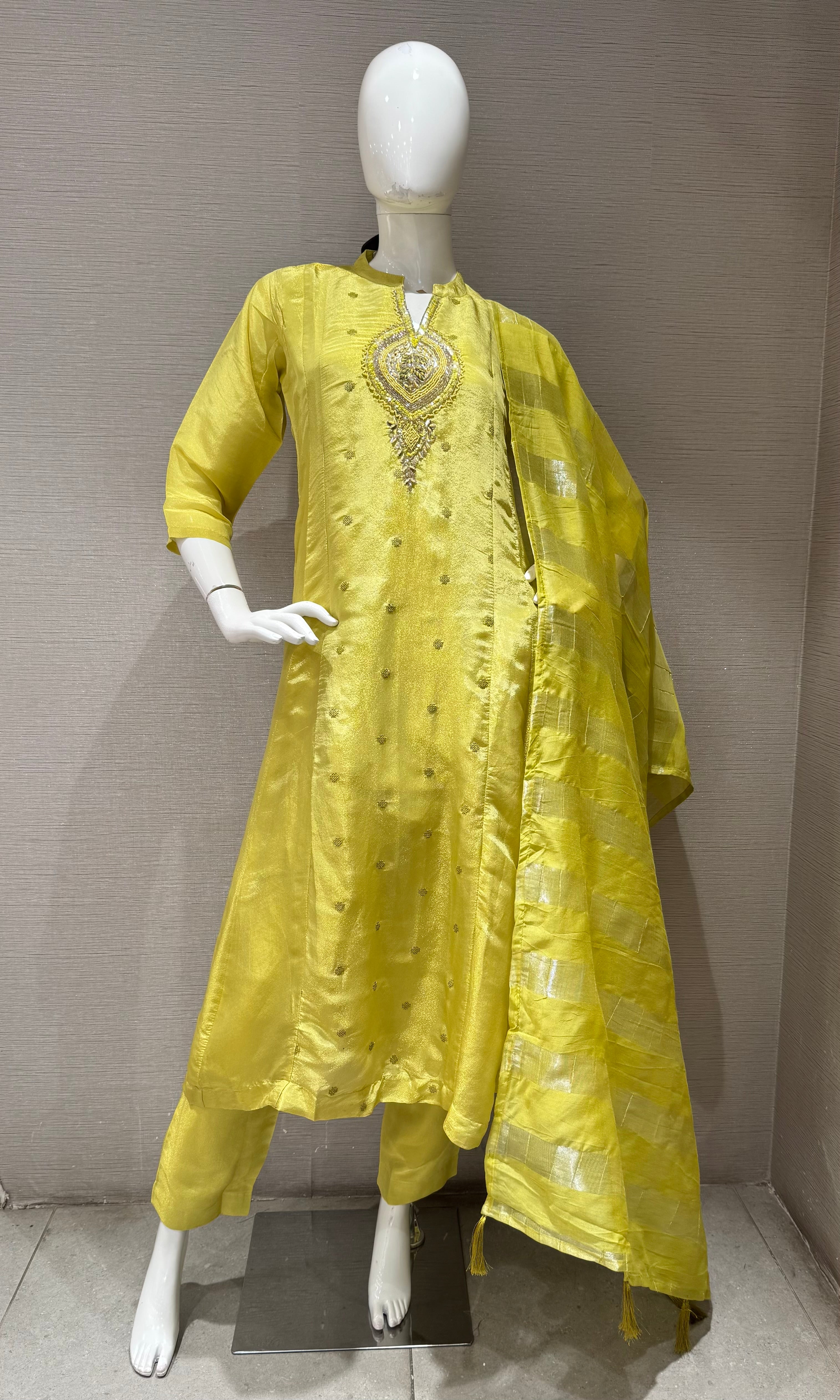 Yellow Silk Blend Ethnic a line Kurta set