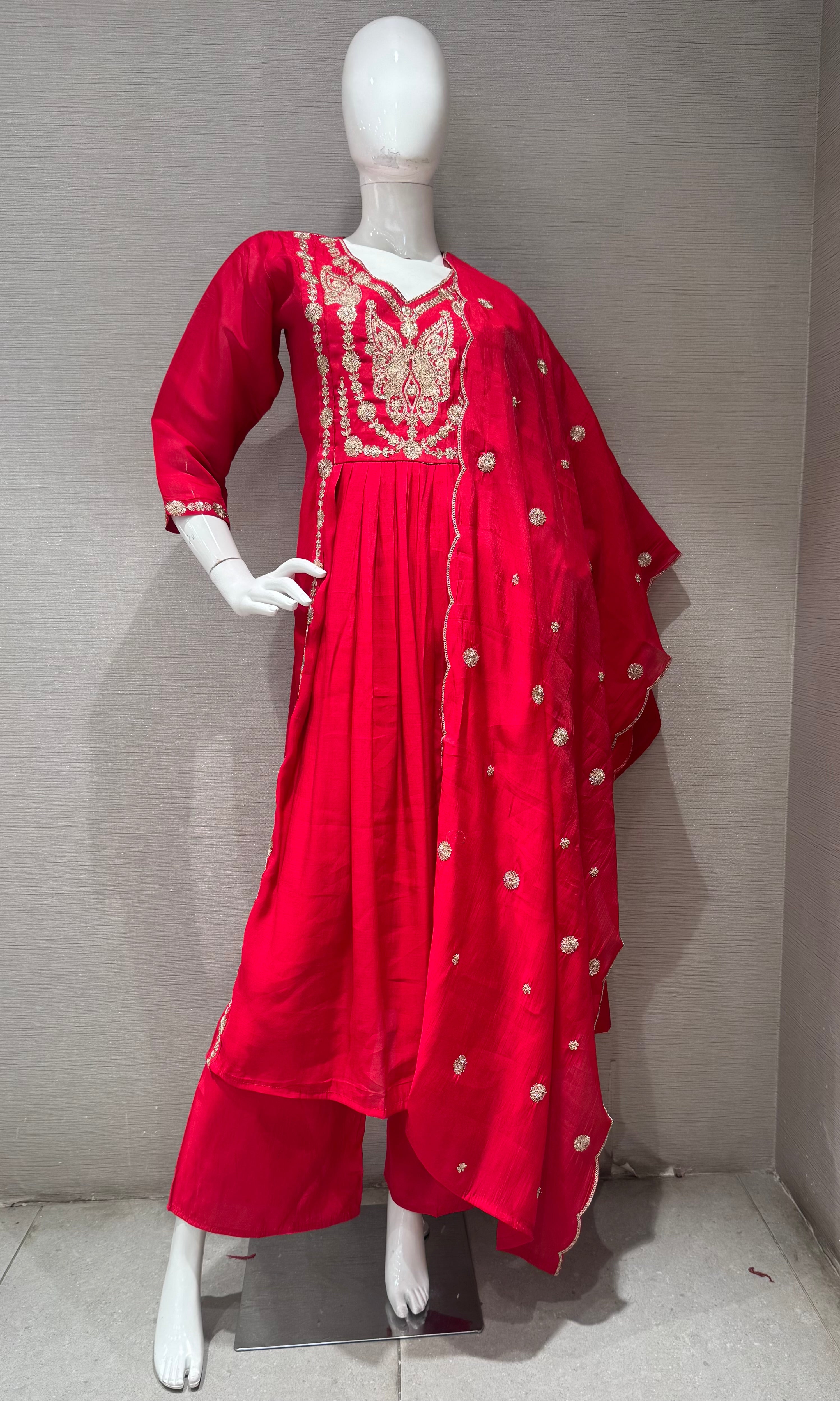 Rani Embroidered A line Kurta Set with Dupatta
