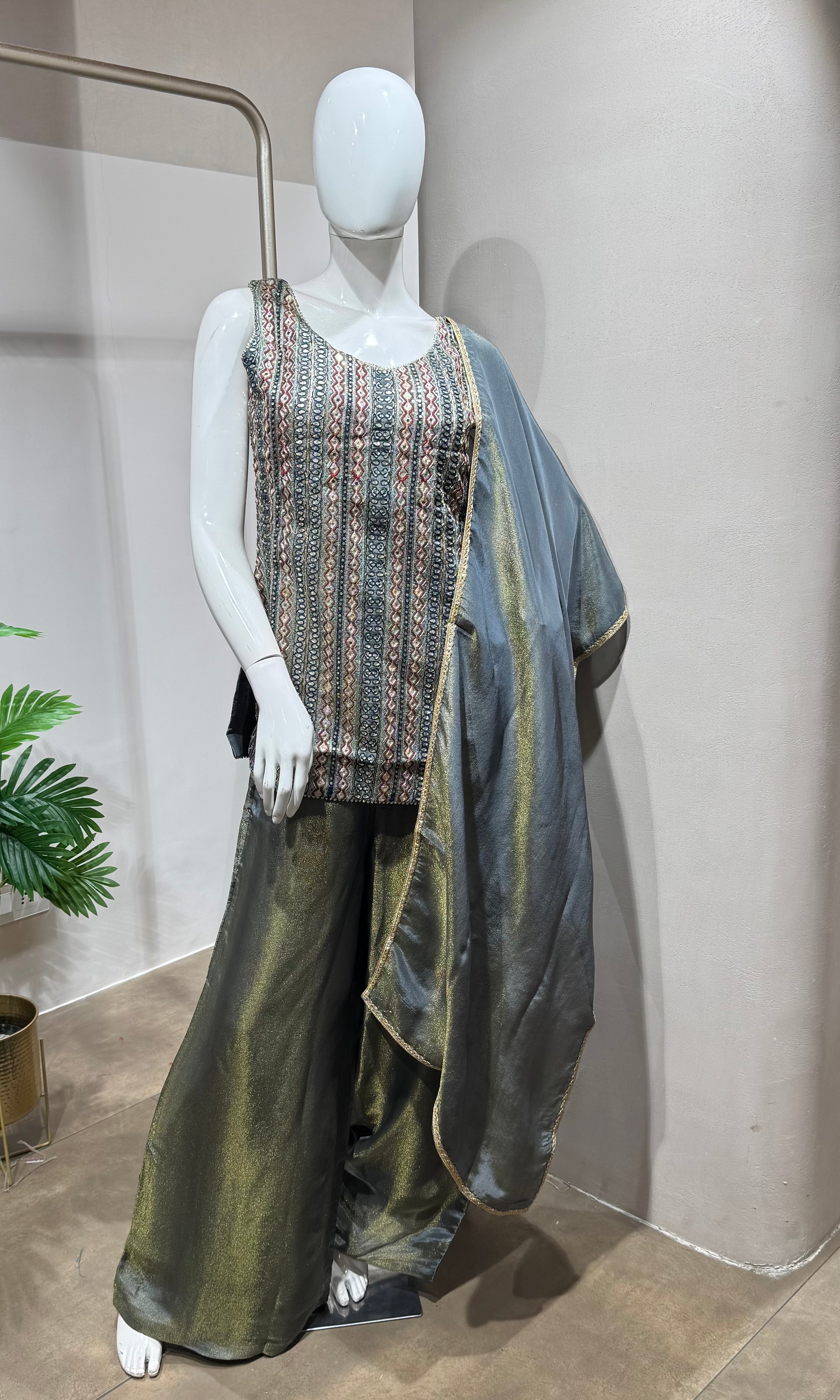 Grey Sleeveless Kurti & Flared Palazzos