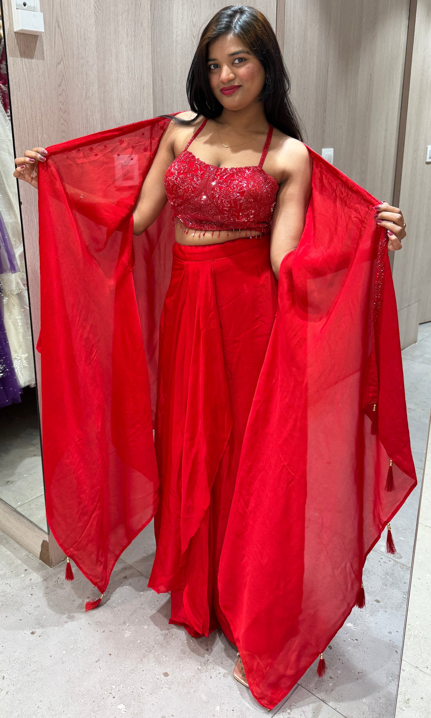 ❤️Red 3 piece Indo western dress with cape❤️