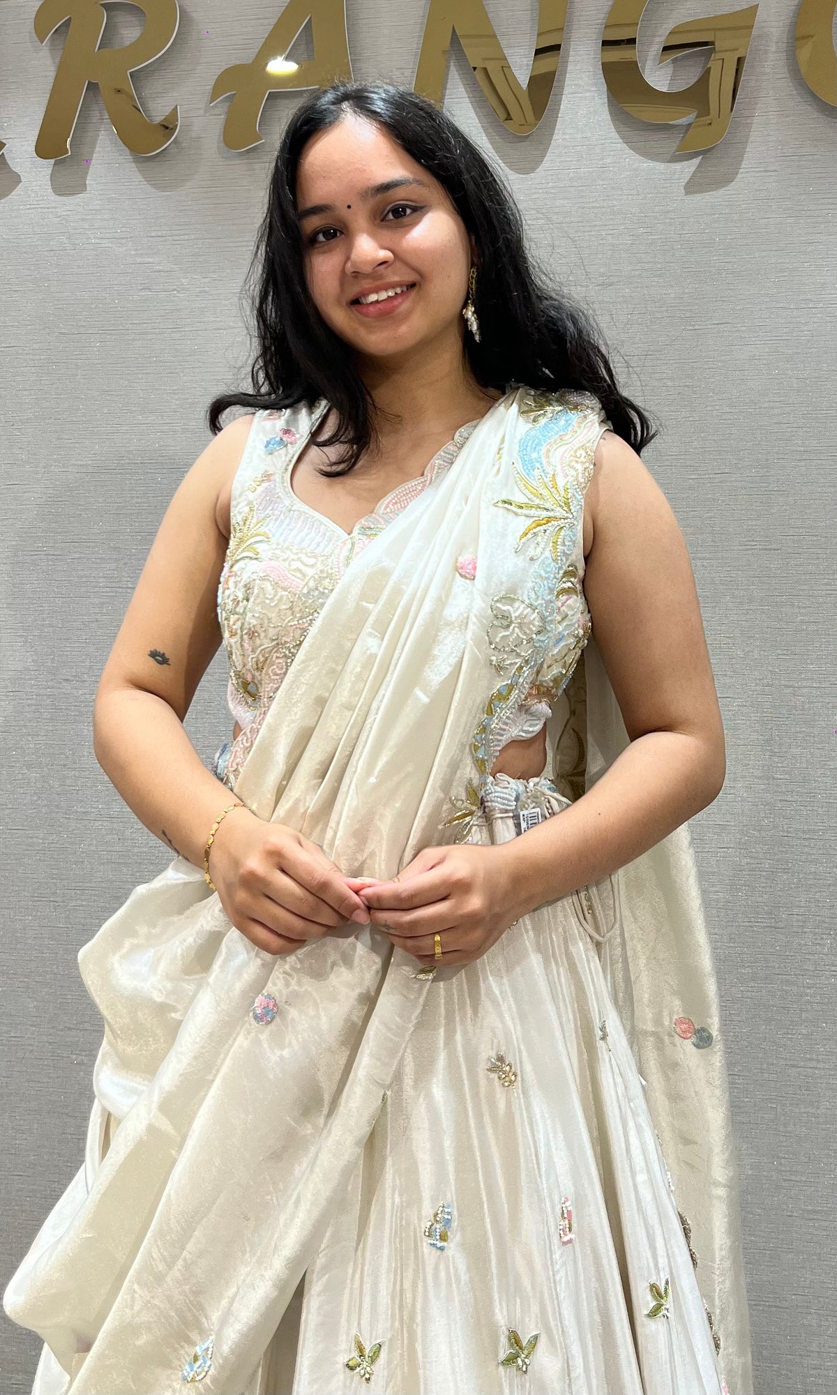 Cream Pastel Floral Embroidered Lehenga Set