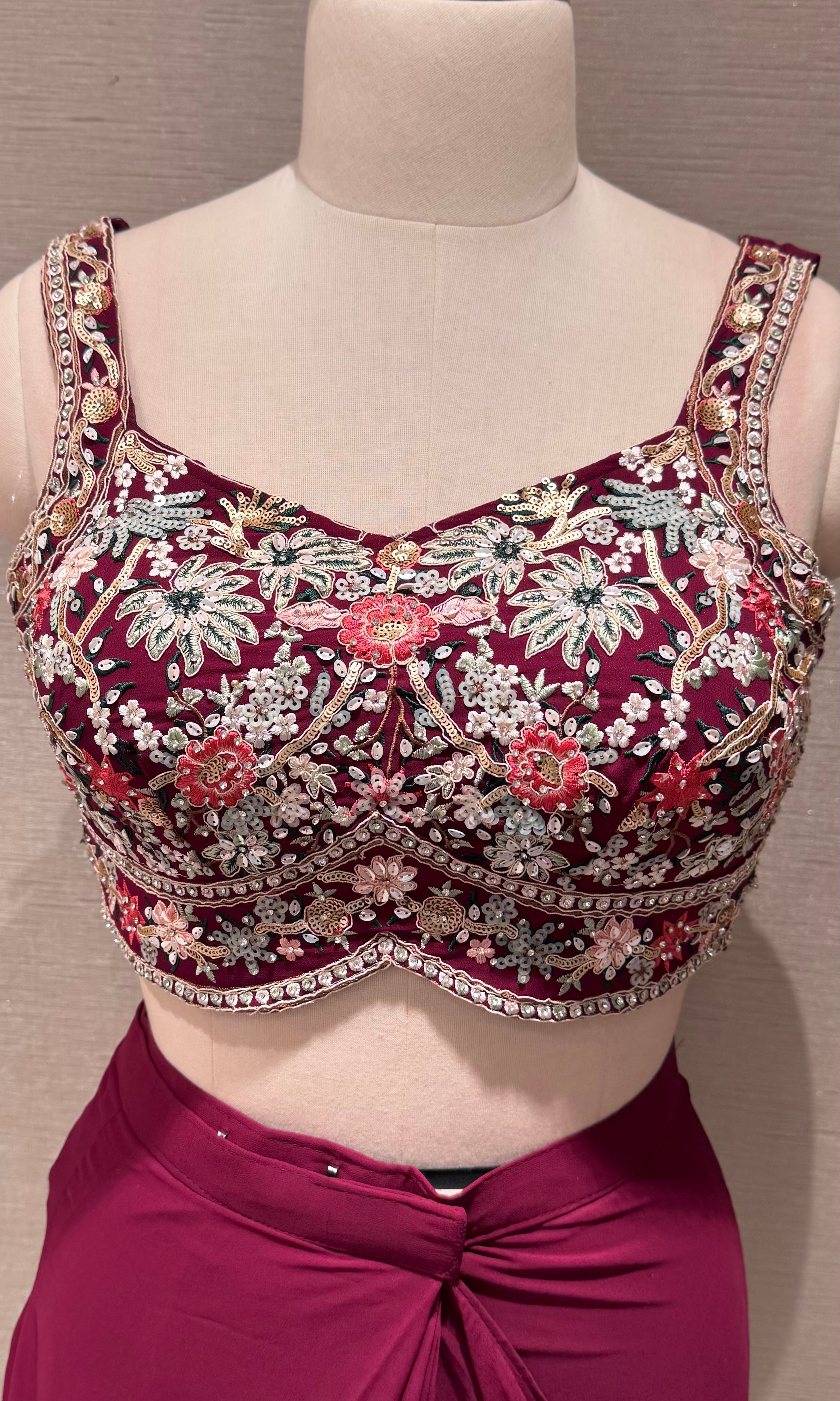 Wine Draped Saree with Floral Embroidered Blouse & Belt
