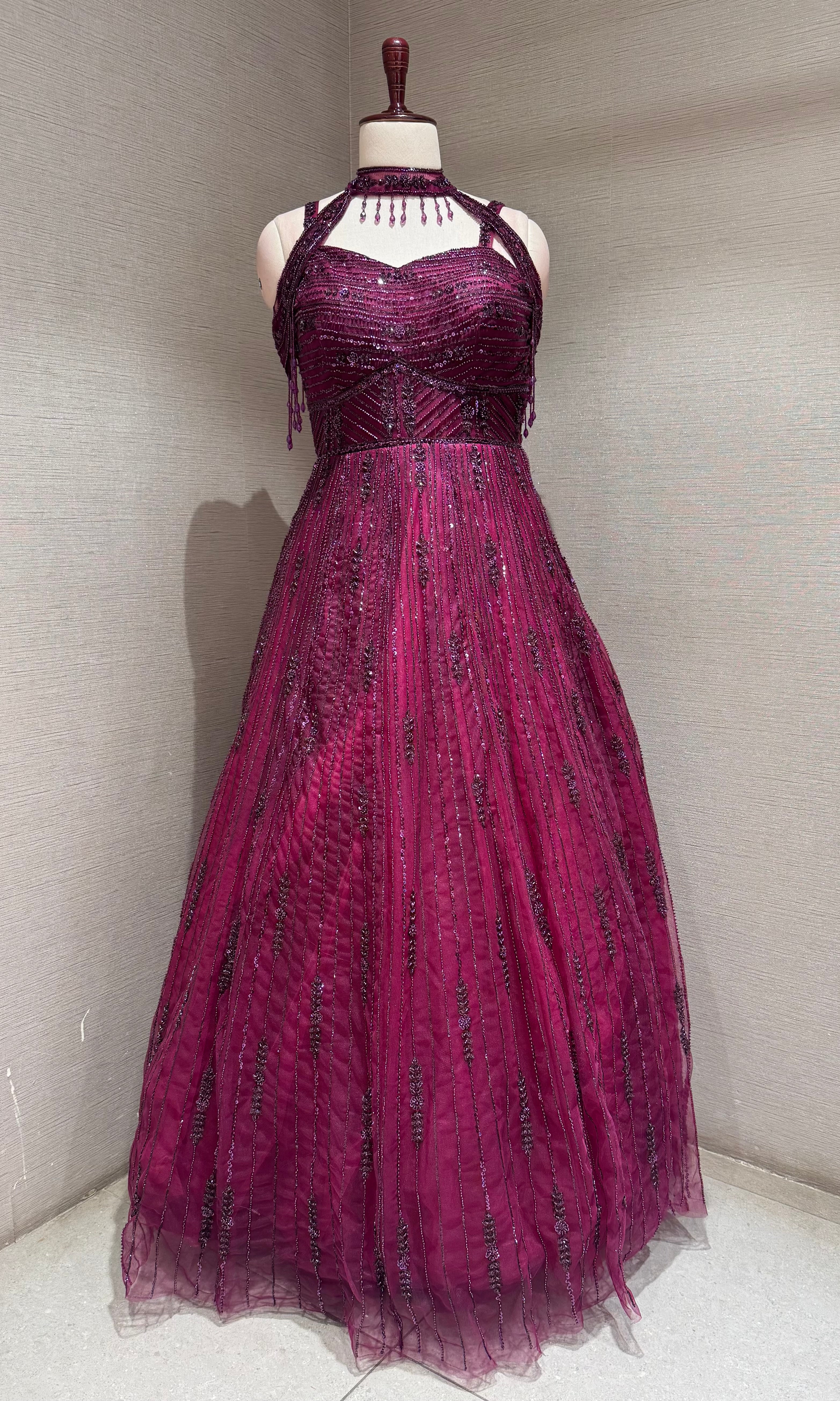 Wine Halter Neck Ballgown