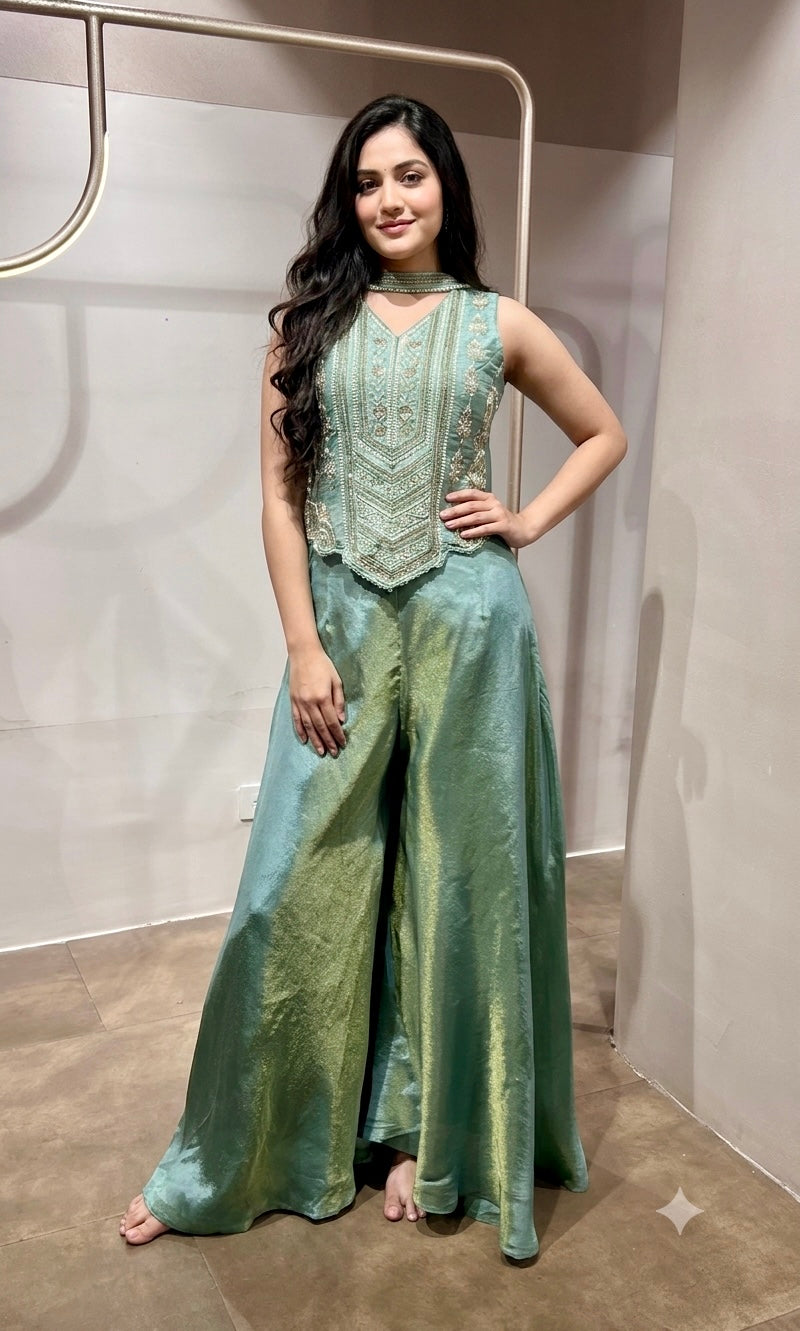 Light Green Tissue Corset Flared Palazzo Set