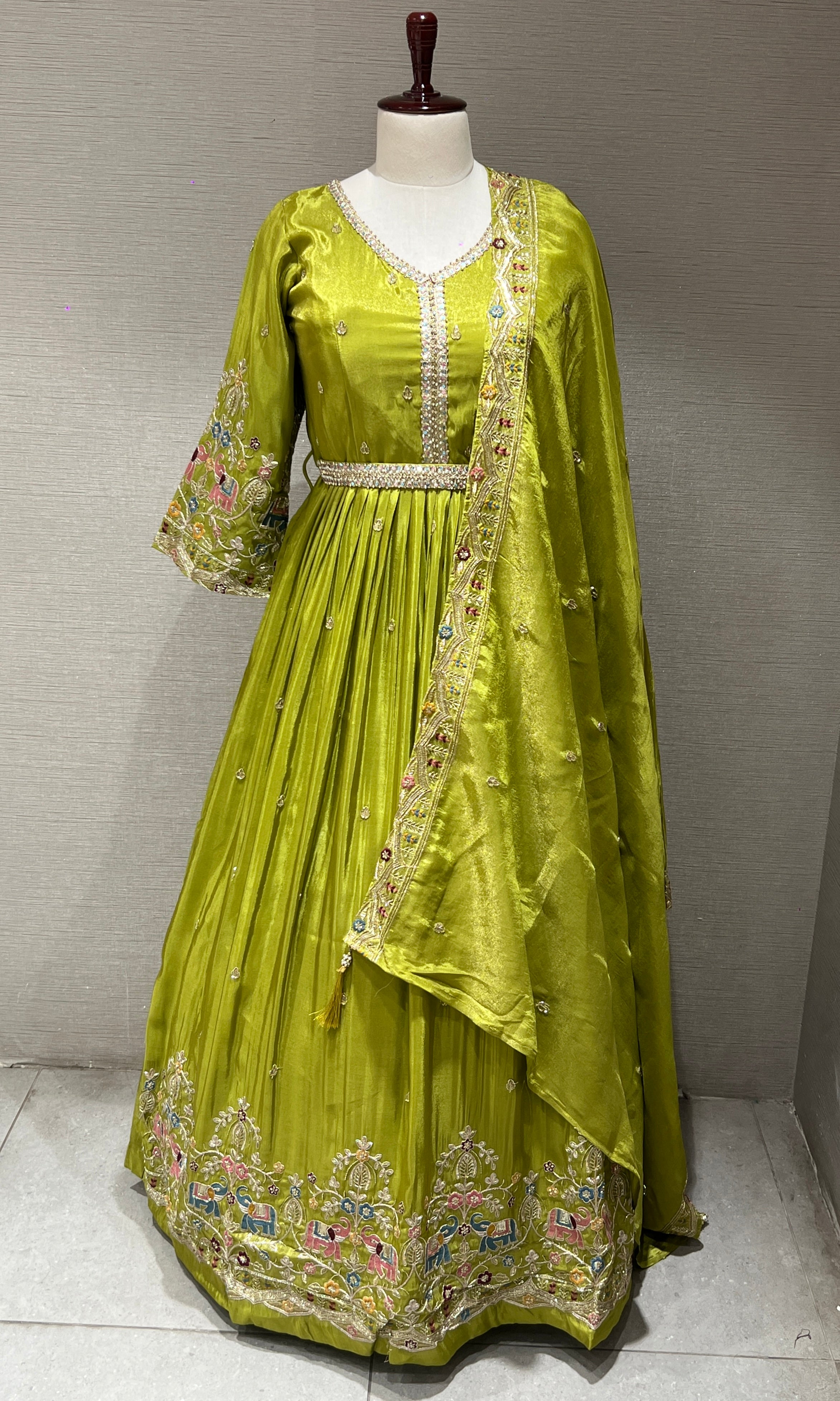 Parrot Green Anarkali Gown with Multicolor Thread Work