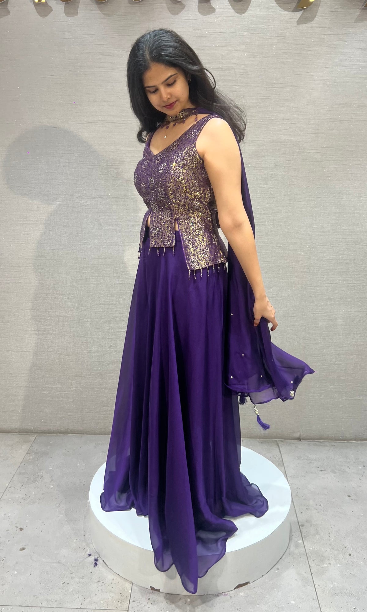 Purple silk Peplum Palazzo with Chiffon Blouse with dupatta