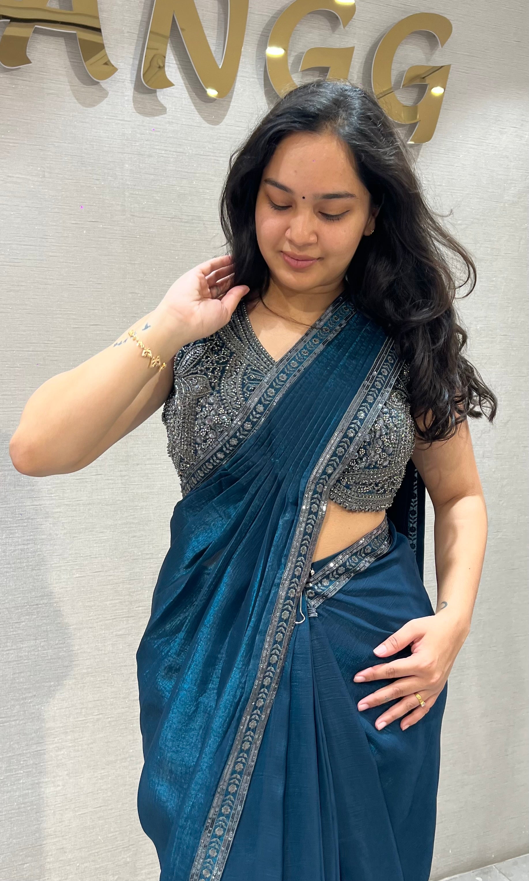 Peacock Blue Georgette Draped Saree