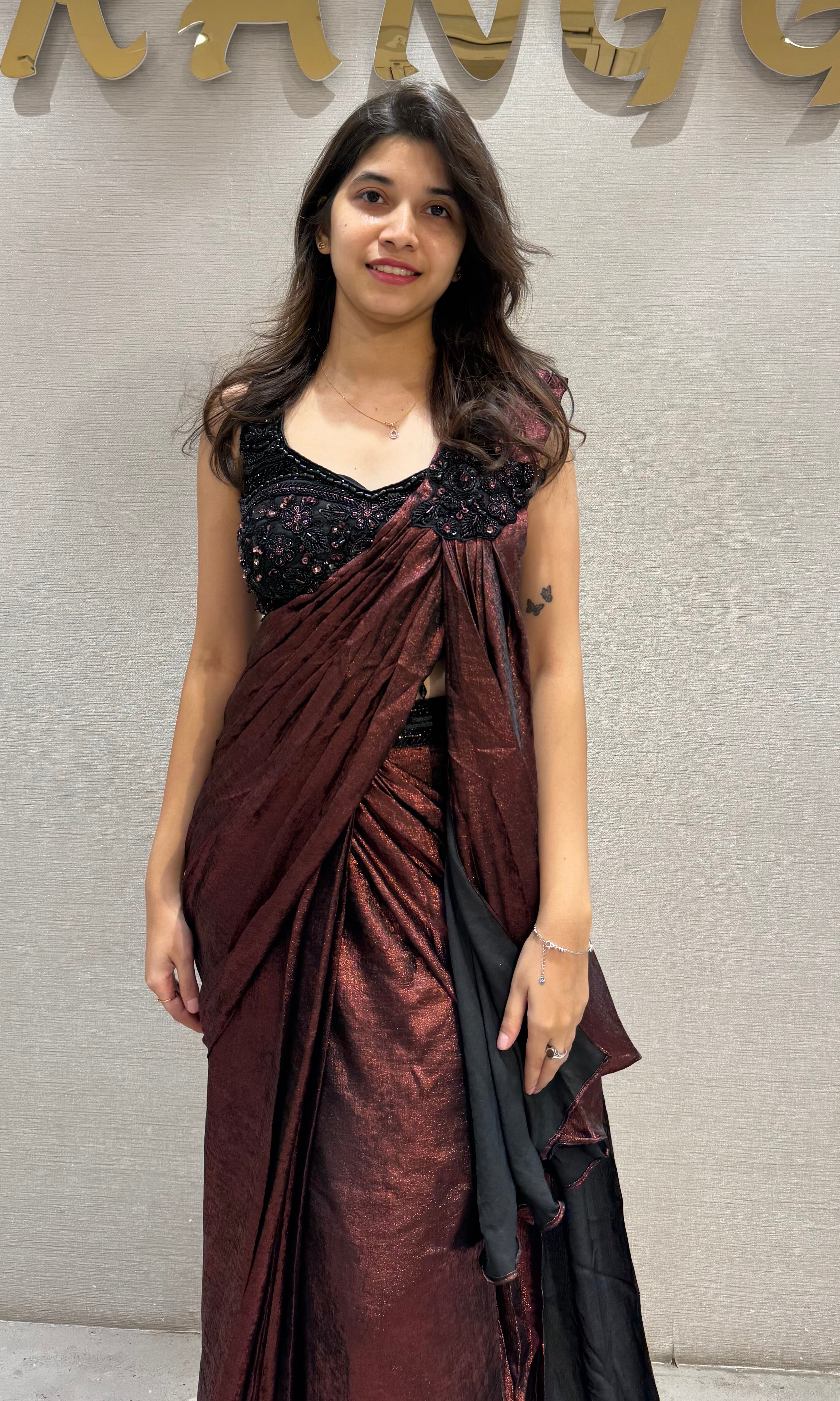 Maroon Crystal Embellished Draped Saree