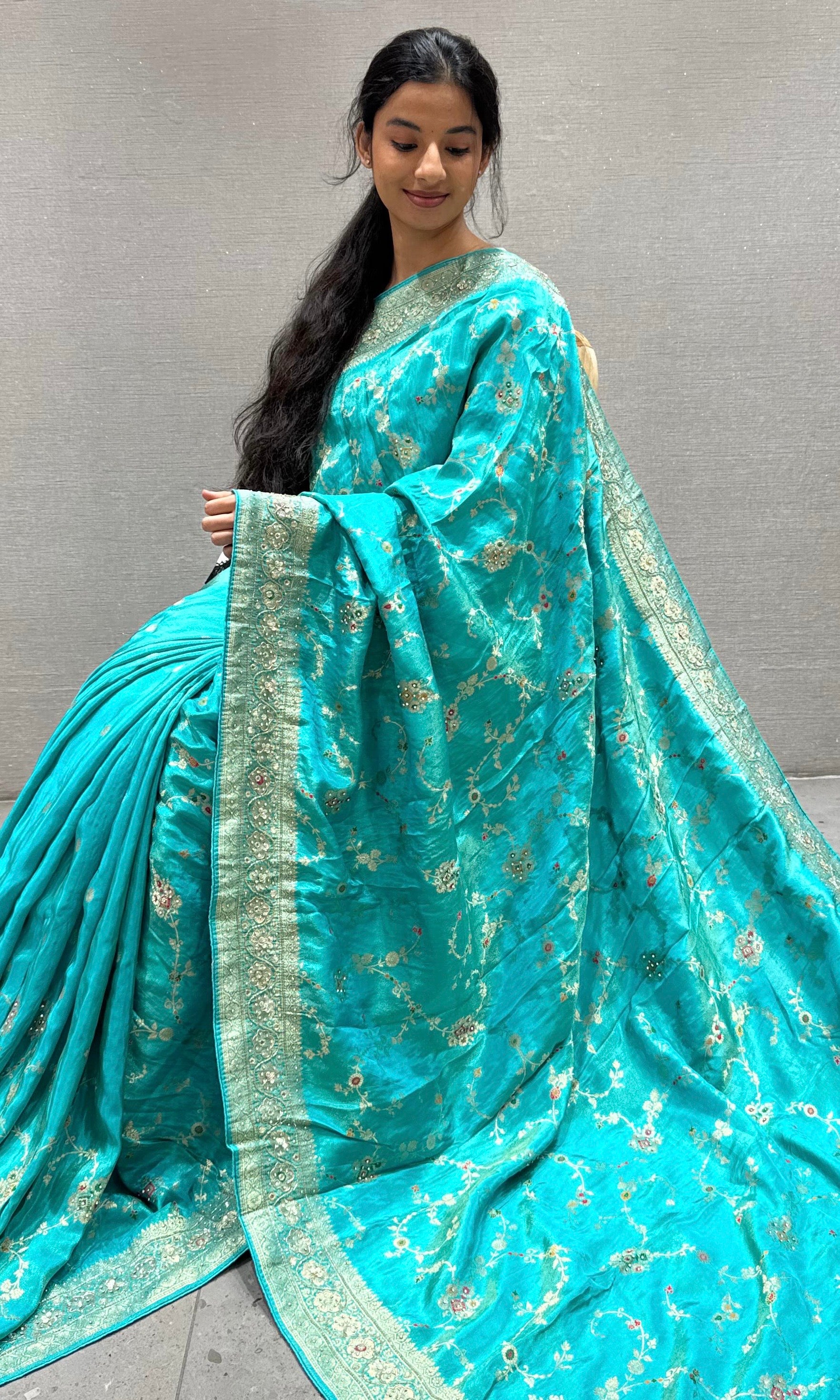 Firozi sea blue Banarasi saree