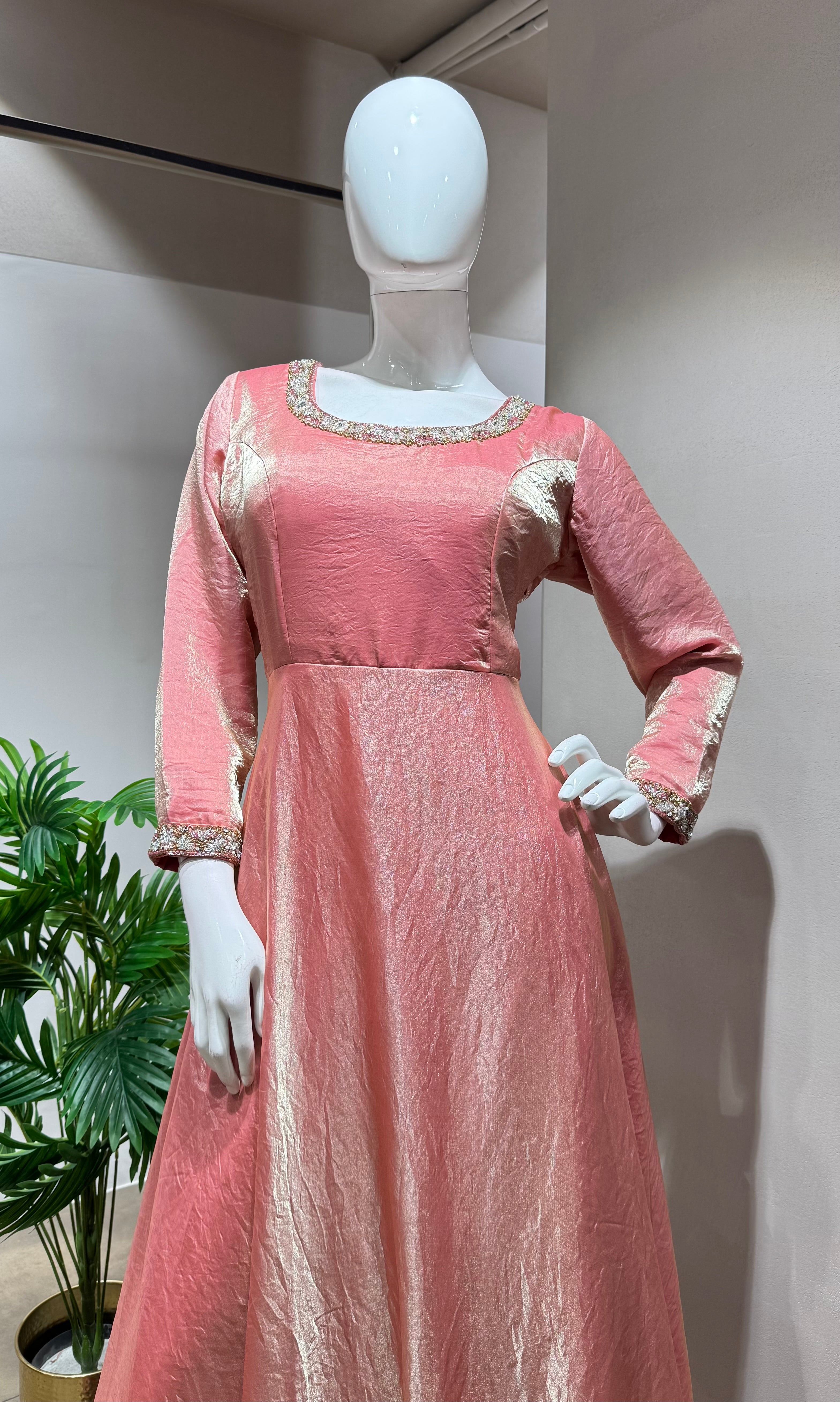 BABY PINK TISSUE CRYSTAL WORK ANARKALI