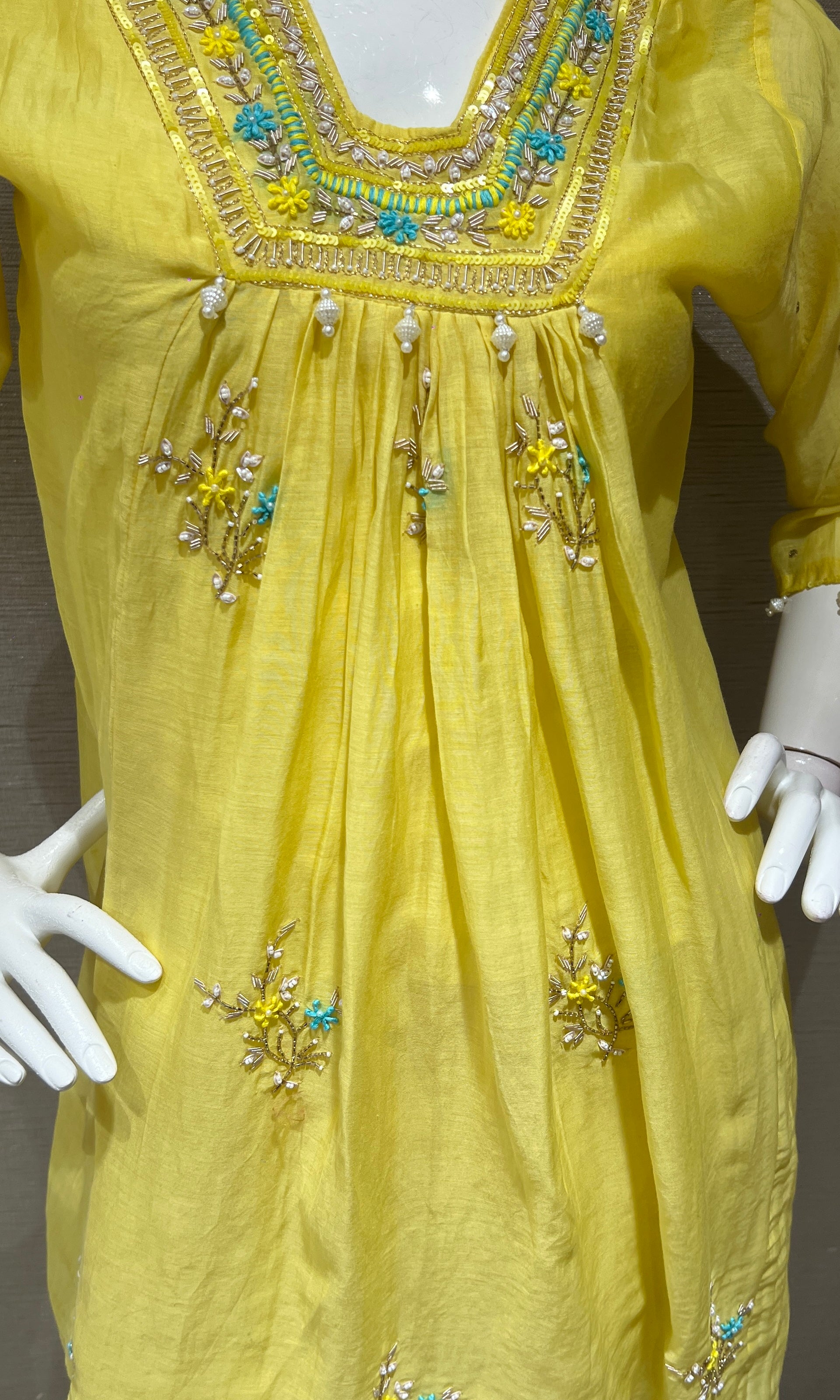 Yellow Long Sleeve Tunic Kurti with botttom
