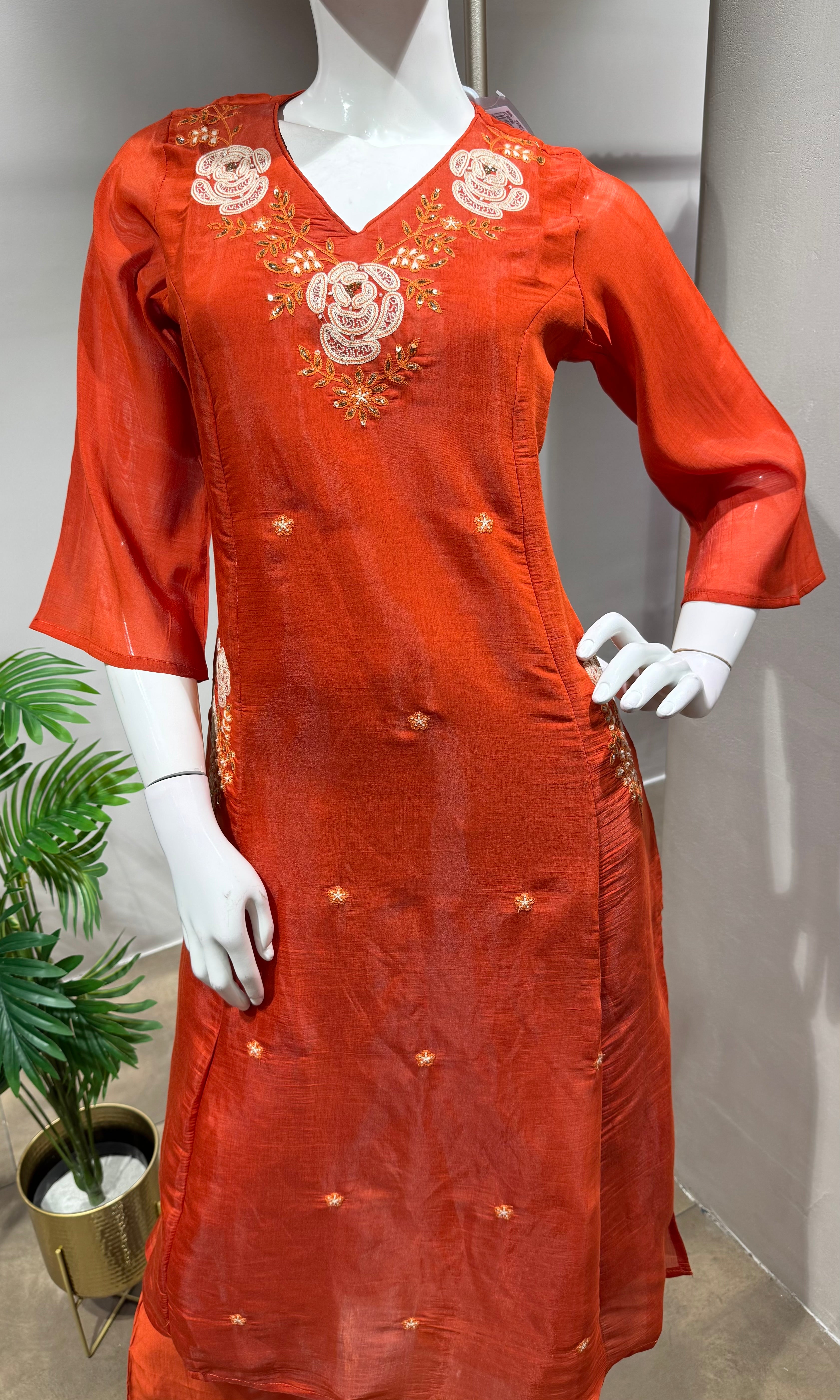 rust orange floral embroidered kurta set