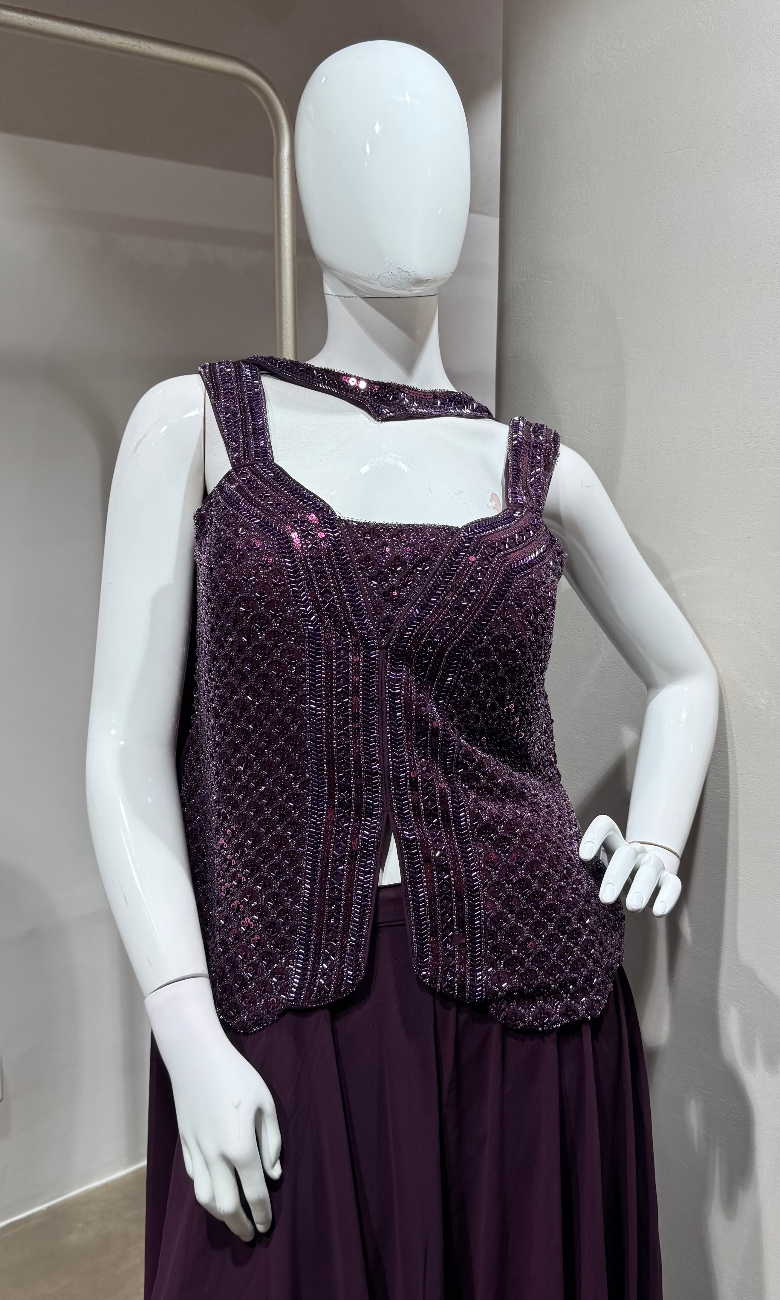 Wine Purple Sequins Embroidered palazzo set