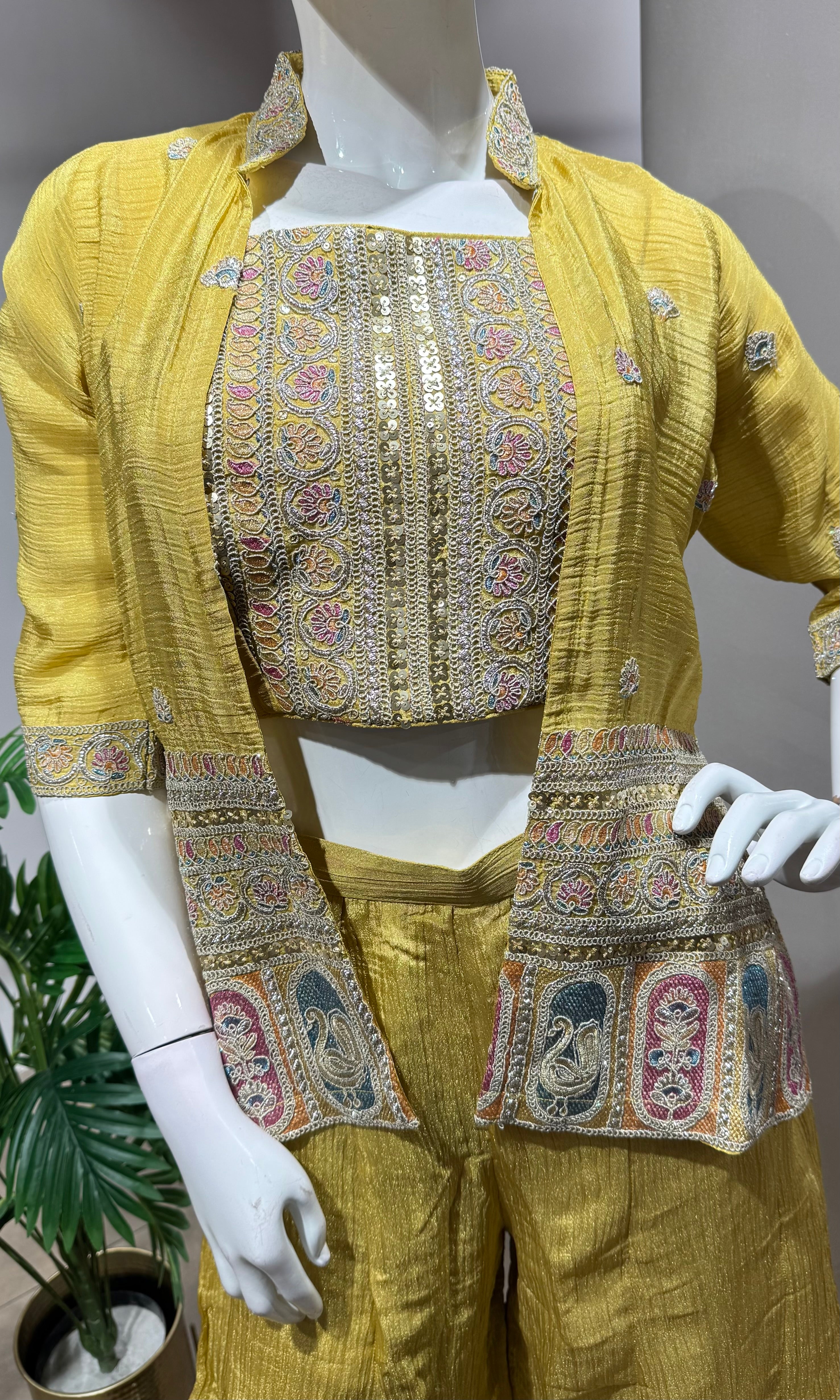 Yellow palazzo with crop top and jacket