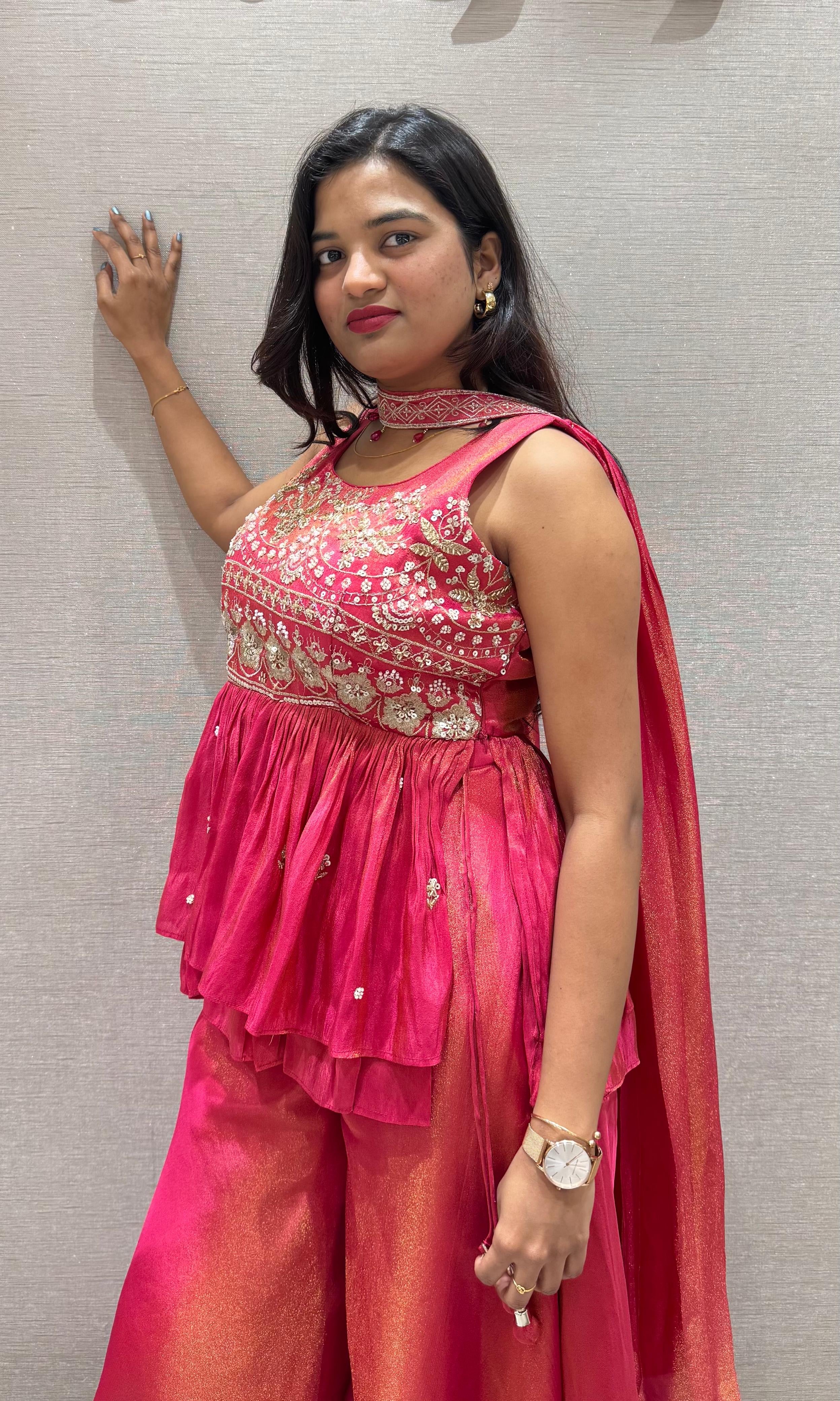 Rani pink EMBROIDERED PEPLUM palazzo