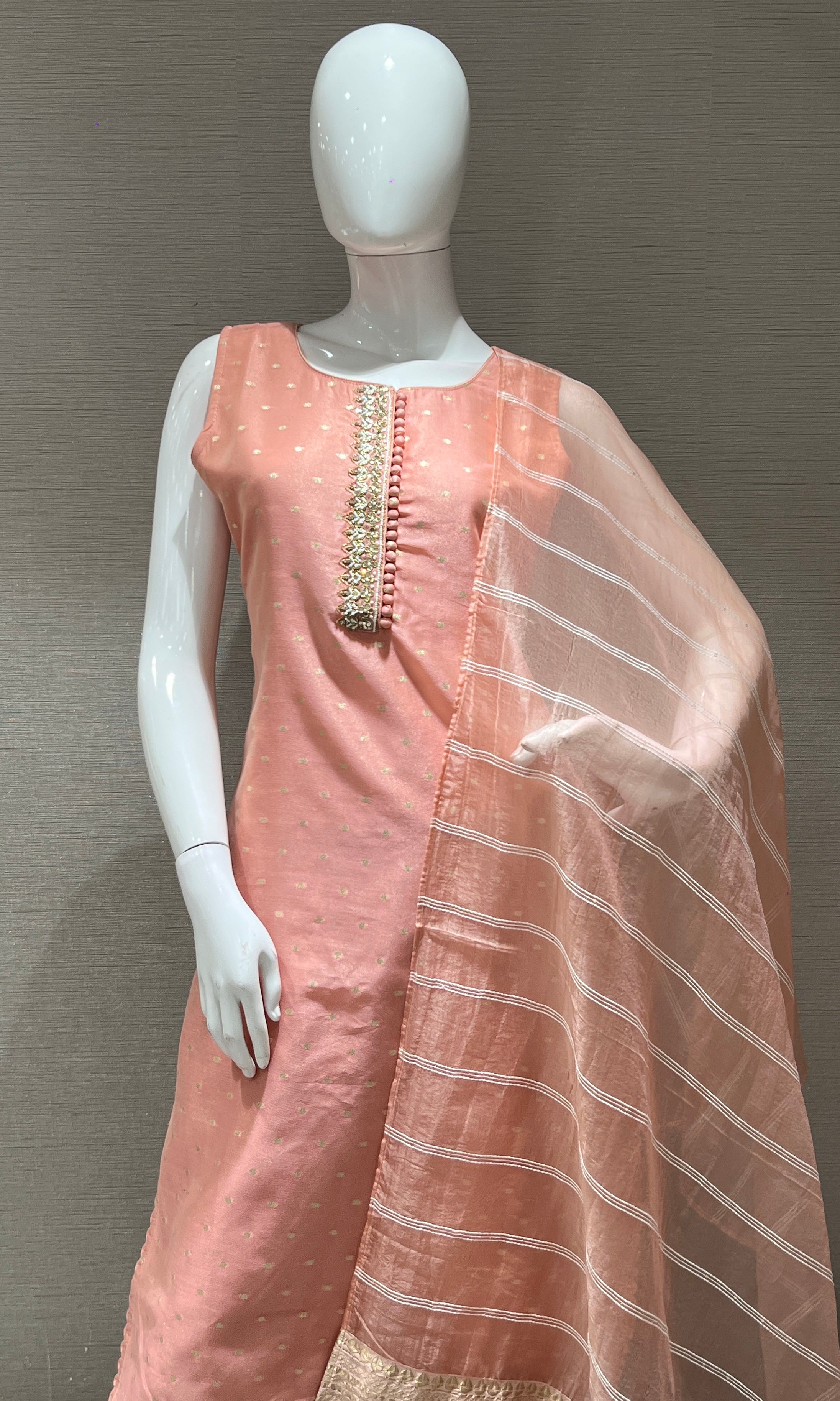 Peach kurta set with striped dupatta