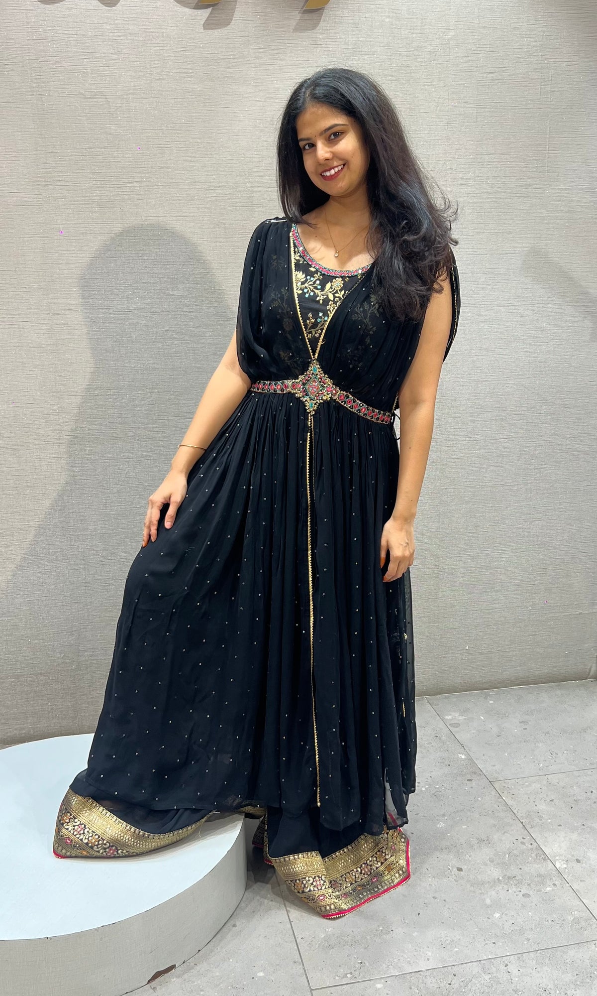black crop top Palazzo with coat and Belt Accent