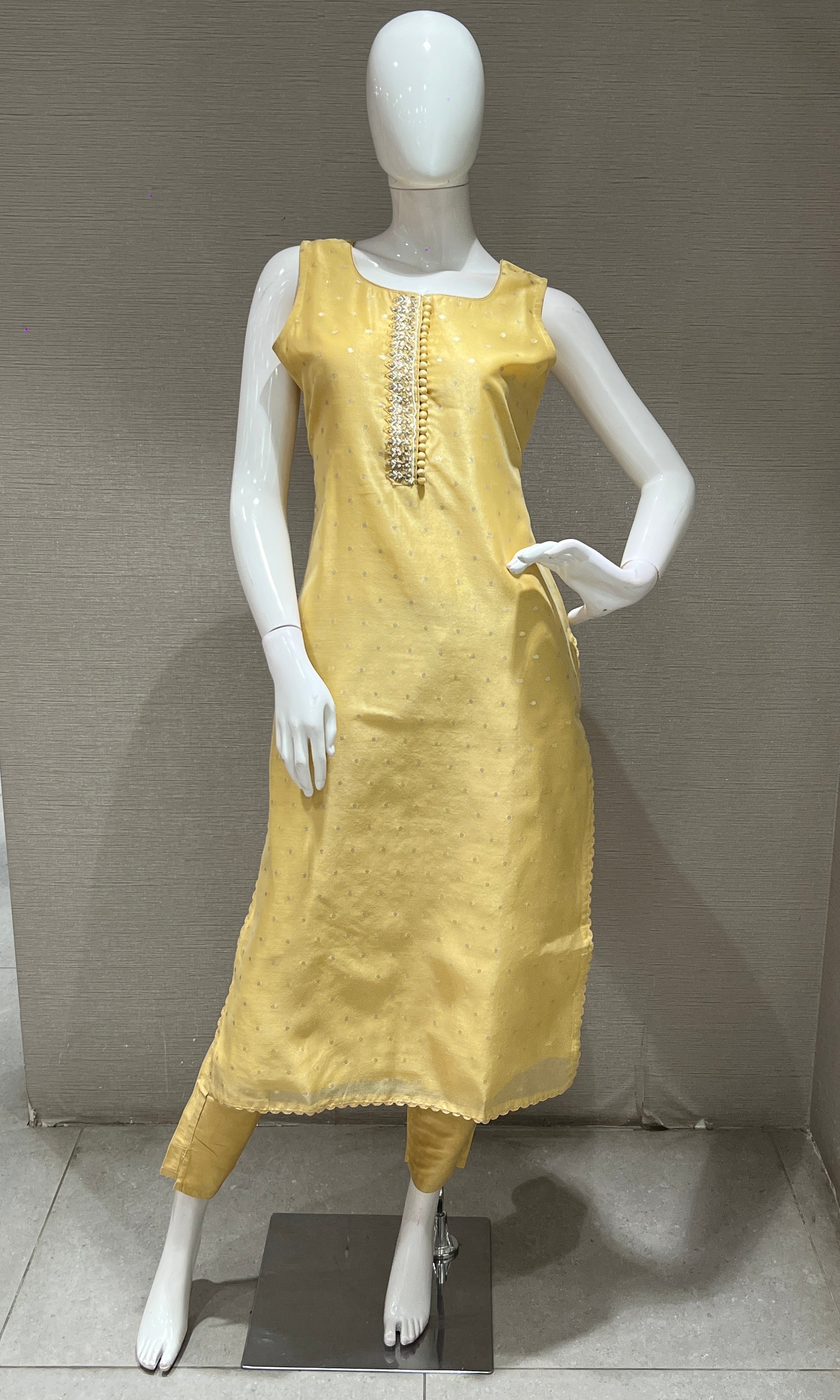 Golden kurta set with striped dupatta